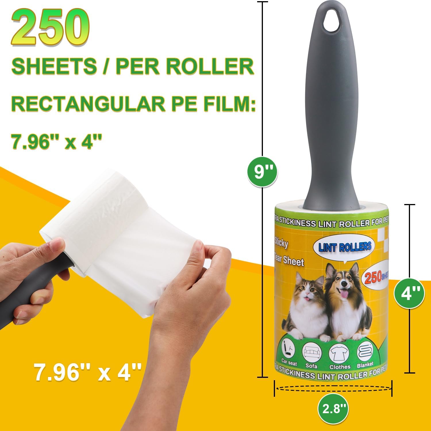 Extra Sticky Lint Rollers for Pet Hair, 250 Sheets, Lint Remover for Dog Cat Hair Removal, Animal Fur, Fuzz, Couch, Clothes Furniture and Carpet Travel-Friendly Grip Handle (1, White)