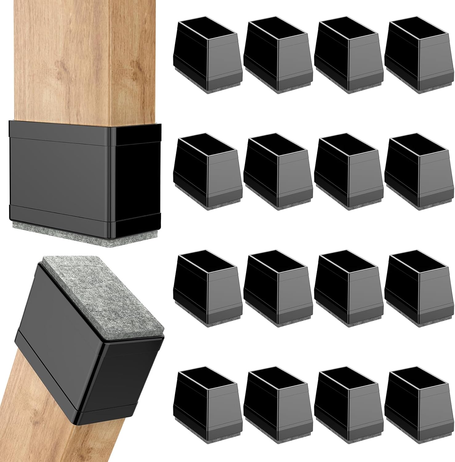 Rectangle Chair Leg Protectors for Hardwood Floors,16 PCS Silicone Covers to Protect Wood Tile Floors Felt Pads Furniture Leg Caps Reduce Noise. Easy to Move.(Black,1.25 x 2,Rectangular)