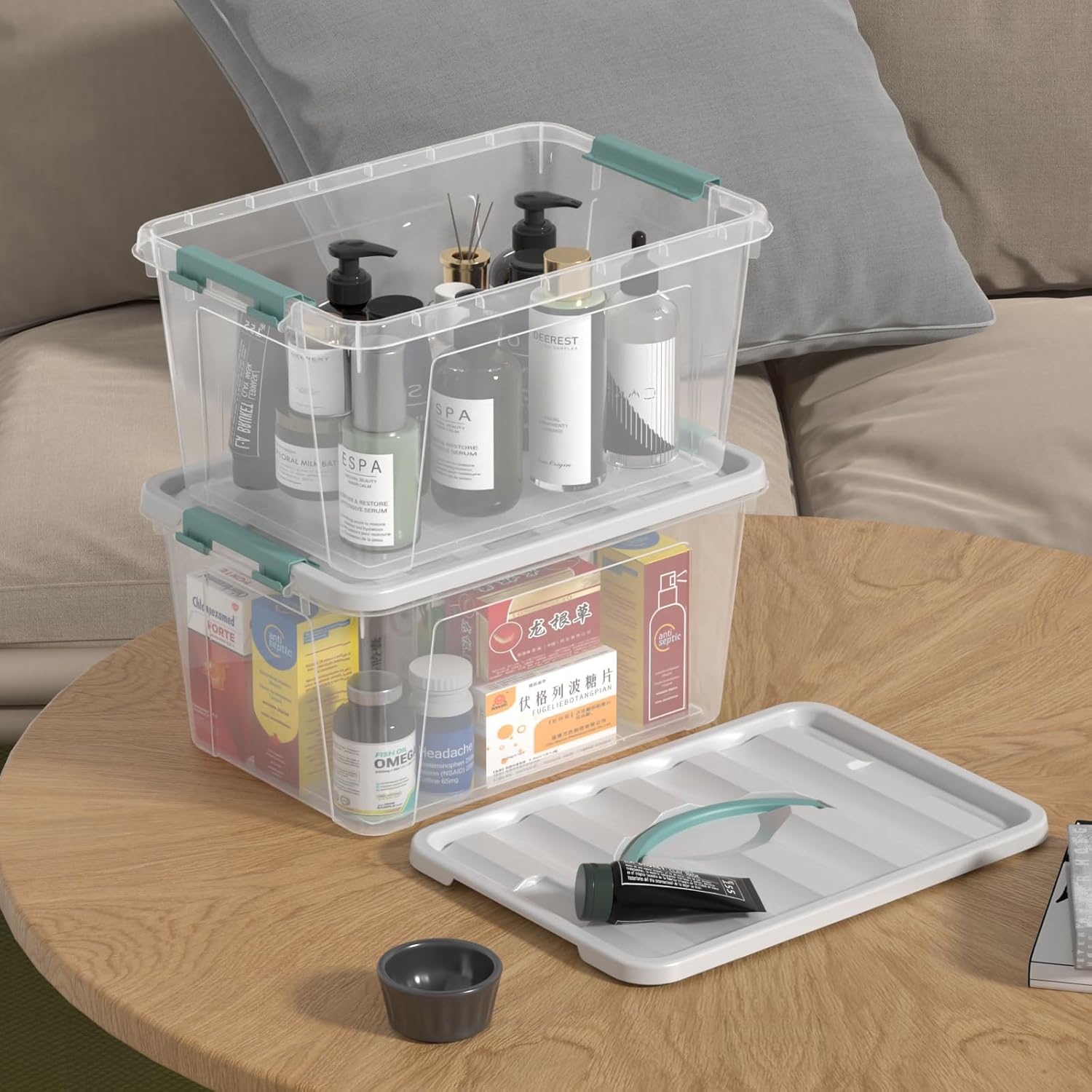 Zopnny 14 Quart Plastic Lidded Storage Bin with Handle, Clear Latching Box with White Lid, 6 Packs