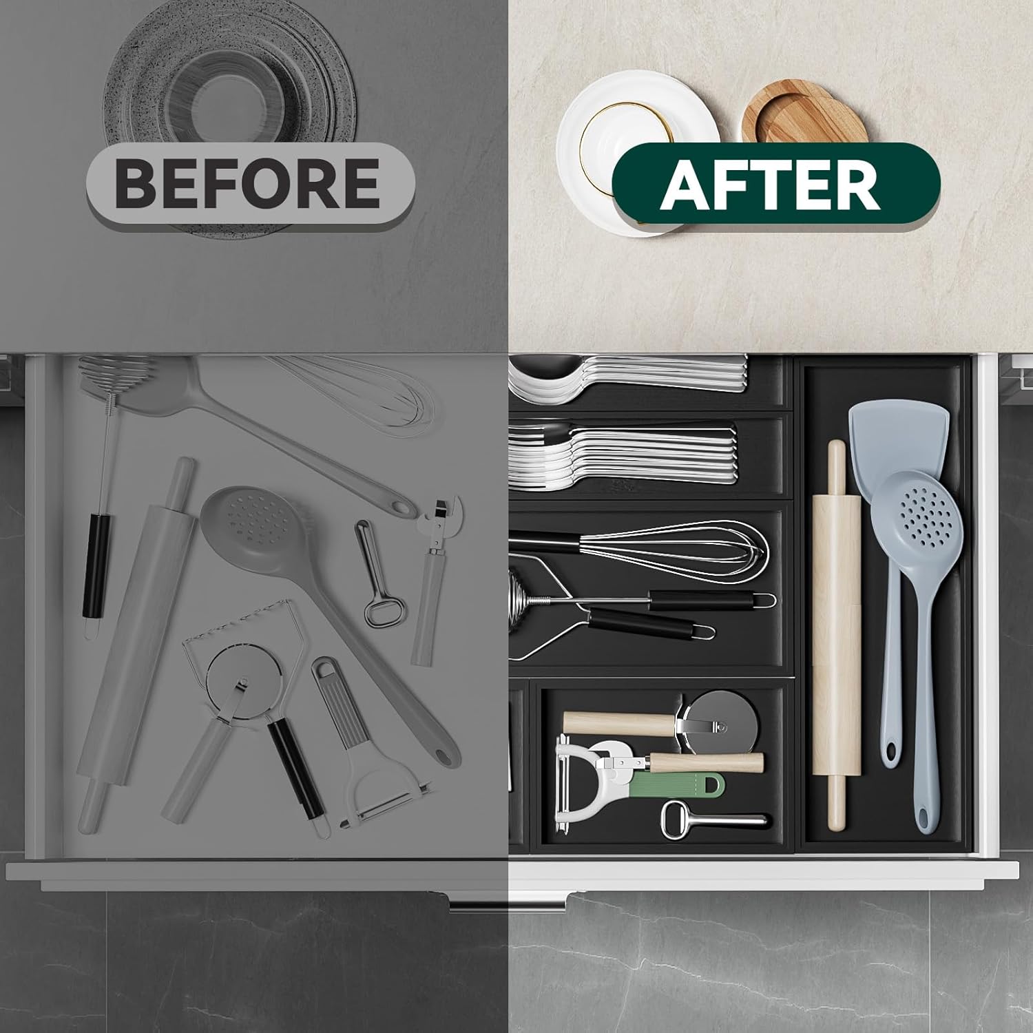 Bamboo Drawer Organizer, Narrow Silverware Organizer for Kitchen, Stackable Utensil Organizer, 2 Pcs Flatware Organizer, Wooden Storage Box Tray (Black, 12 X 3 X 2 Inch)