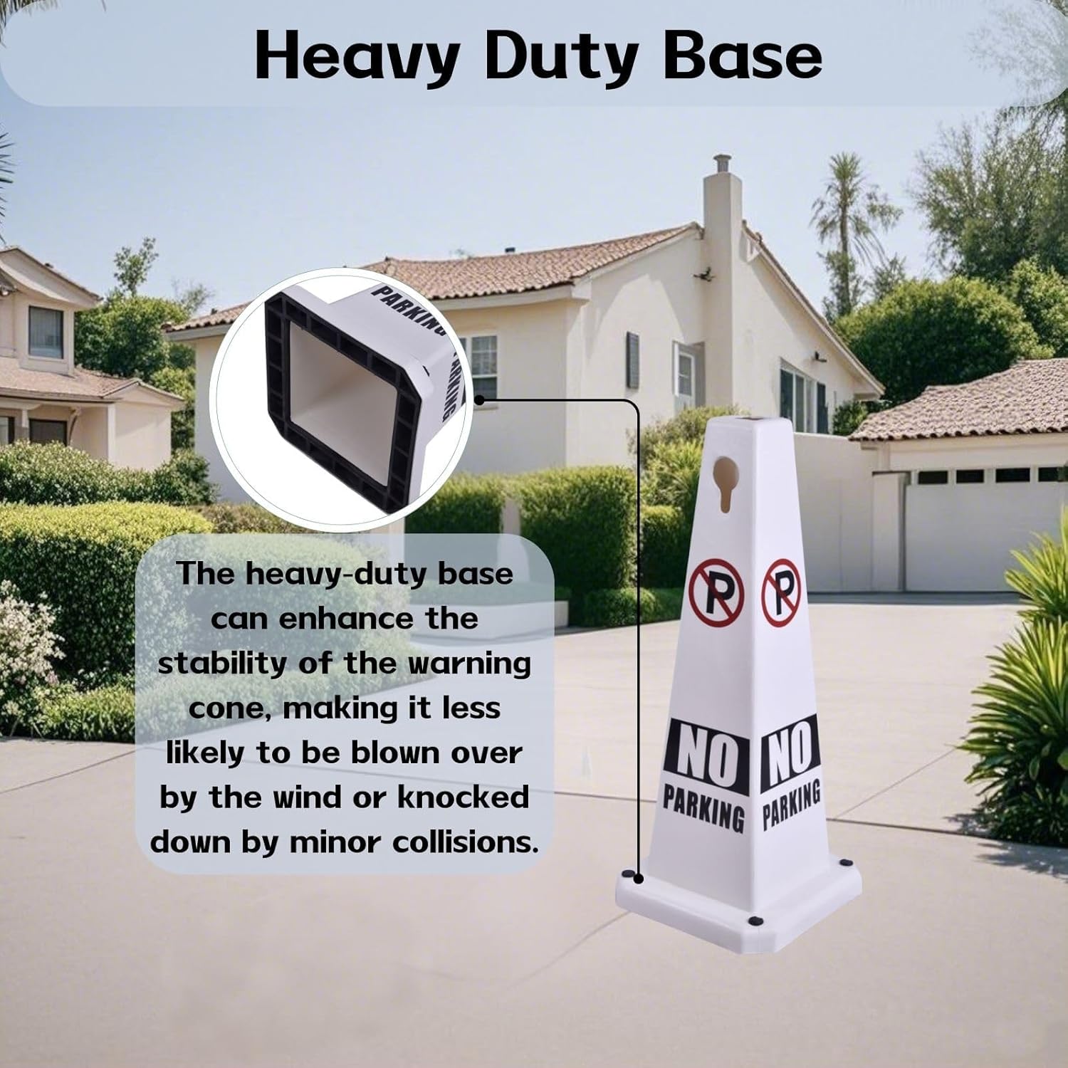 4-Pack 26.5" Caution Cones, 4-Sided Visible Safety Signs with Heavy Rubber Base, Warning for Slip & Fall Prevention, Indoor/Outdoor Use (White, 4Pcs-No Parking)