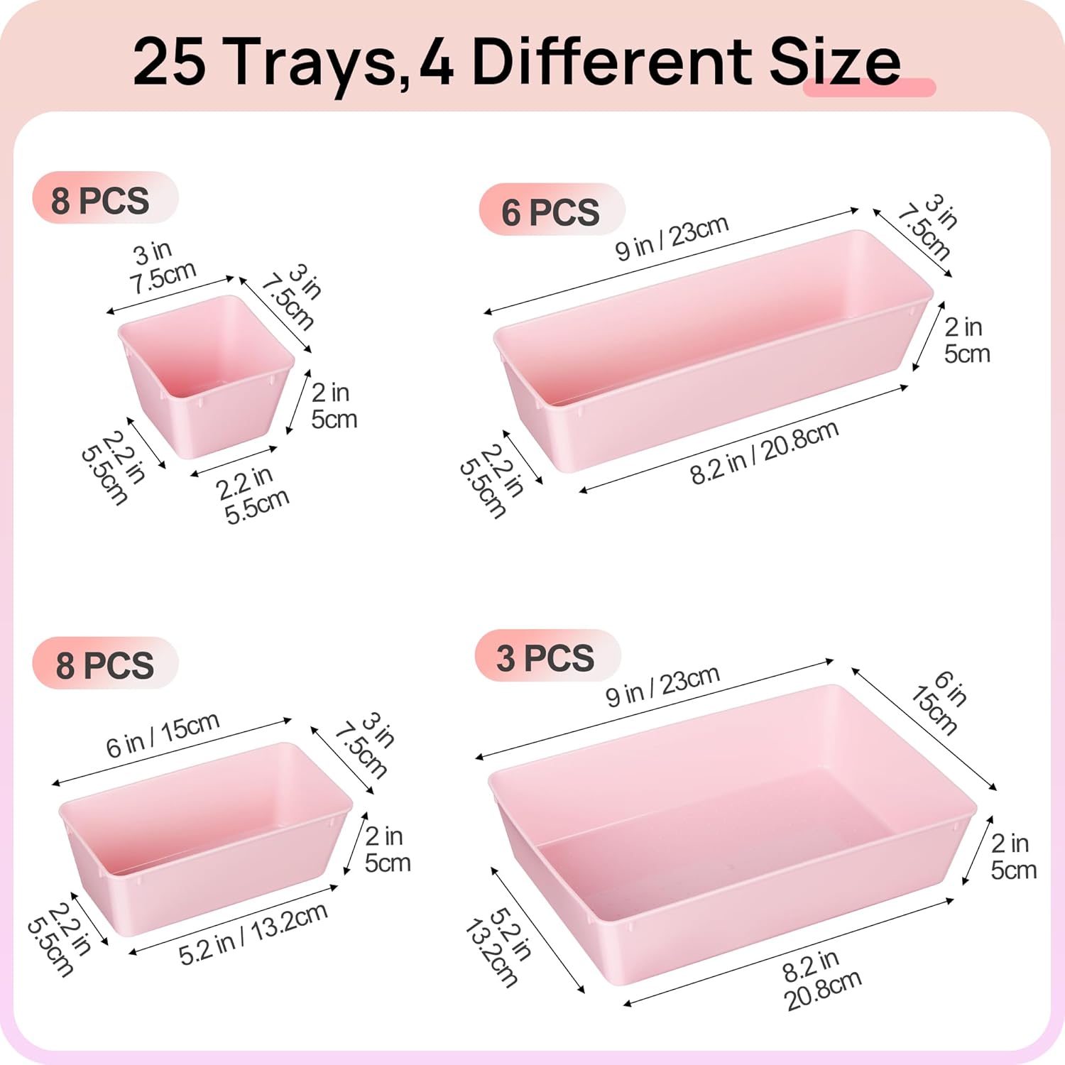 Vtopmart 25 PCS Plastic Drawer Organizers Set, 4-Size Versatile Bathroom and Vanity Drawer Organizer Trays, Storage Bins for Makeup, Bedroom, Kitchen Gadgets Utensils and Office