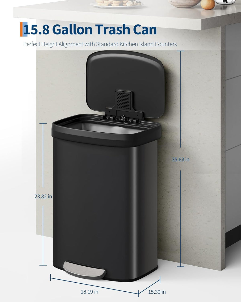 Garvee 16 Gallon / 60 Liter Metal Trash Can with Lid, Large Garbage Can for Kitchen, Rustproof Step-on Kitchen Metal Trash Bin with Liner Rim, Rear Handle, Soft Close Plastic Lid, Black