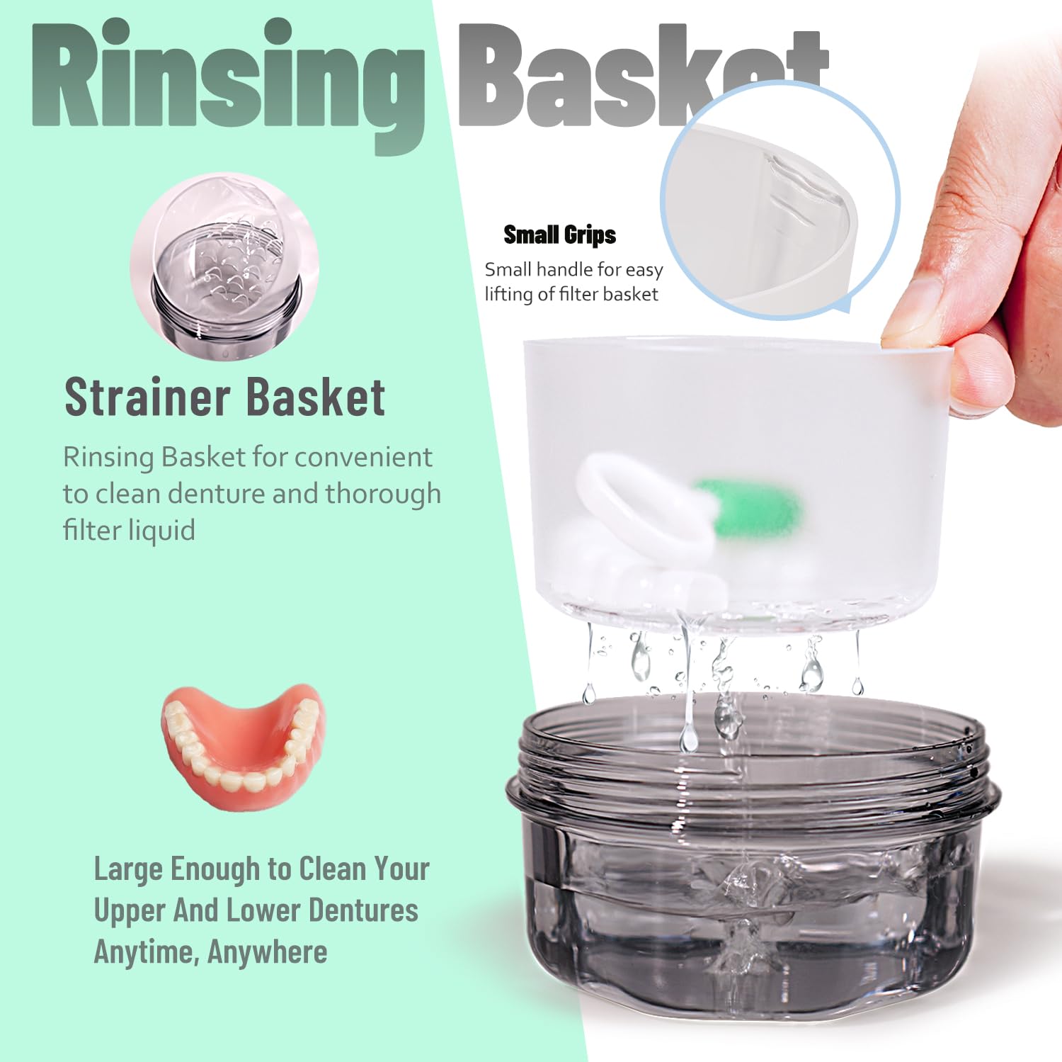 Leakproof Denture Case Denture Soaking Cup False Teeth Container, Dental Denture Bath Holder Storage Box Retainer Cleaner Case for Traveling - Leak Proof and Lid Waterproof - Transparent Black