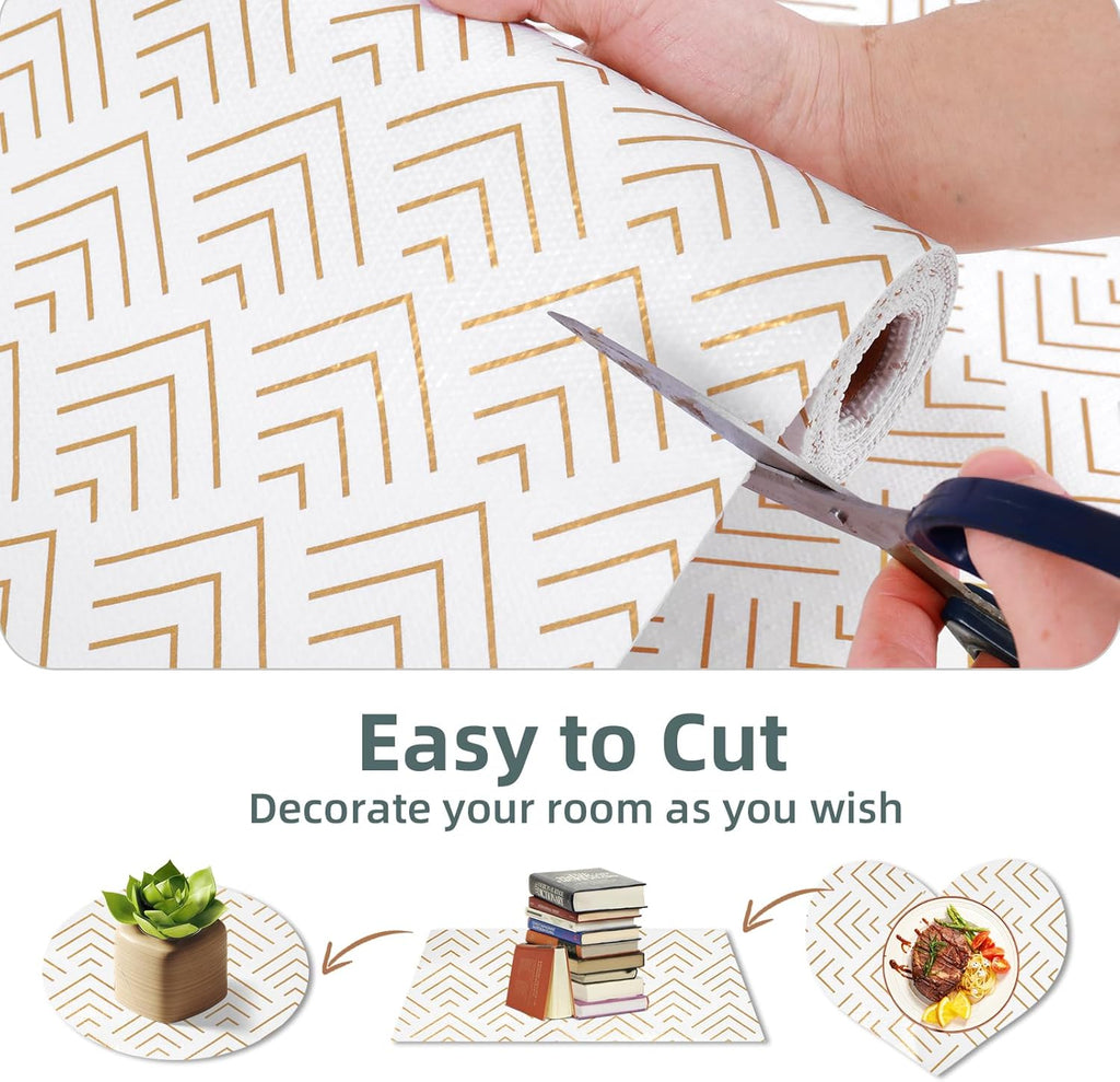 Shelf Liner for Kitchen Cabinets Non Adhesive Drawer Liner Non-Slip Thickened Shelf Liner Paper Strong Easy to Clean for Tool Box Refrigerator with Knife and Tape Measure, Gold Arrow, 11.8 x 354.3 in
