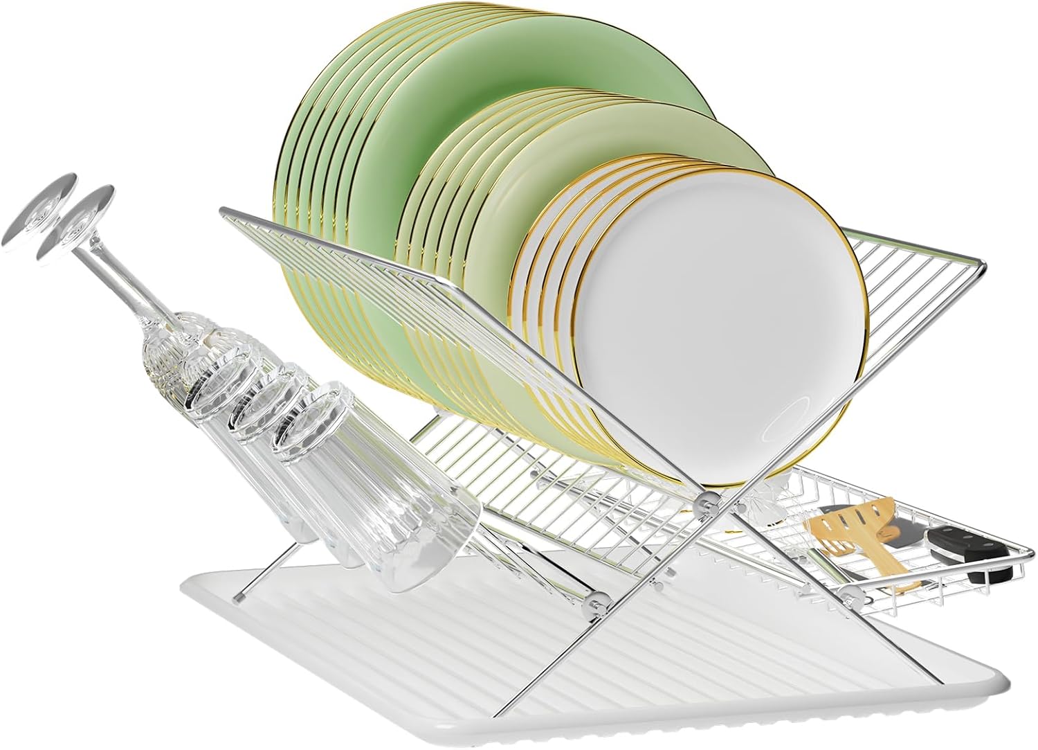 Dish Rack with Drip Tray, Stainless Steel 3-Tier Collapsible Drainer Dish Drying Rack for Kitchen Counter, Sink, Countertop,Cutlery, Dishes Utensils Flatware Holder Set, Reversible Cup Draining Rack