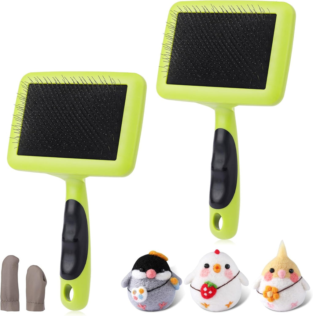 2 Pcs Large Plastic Wool Carders, Needle Felted Carding Brushes Tools with Finger Cots, Needle Felting Brushes for Wool Felting, Spinning Crafts, Pet Grooming