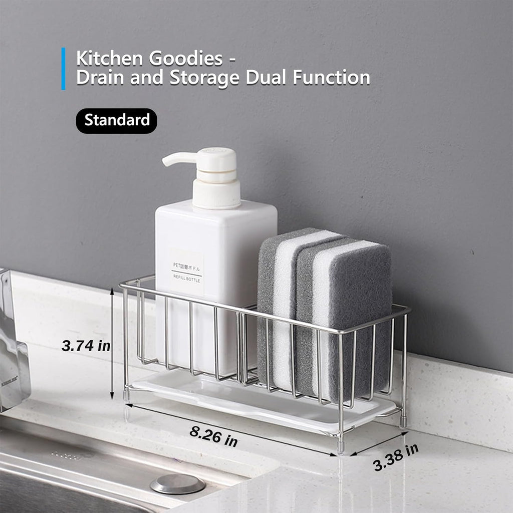 Kavciva Sink Caddy Sponge Holder,304 Stainless Steel Dish Brush Holder,Kitchen Countertop Sink Rack,Dish Soap Holder,Dishwashing Tool Drying Tray with Adjustable Partitions,Essential Kitchen Shelves