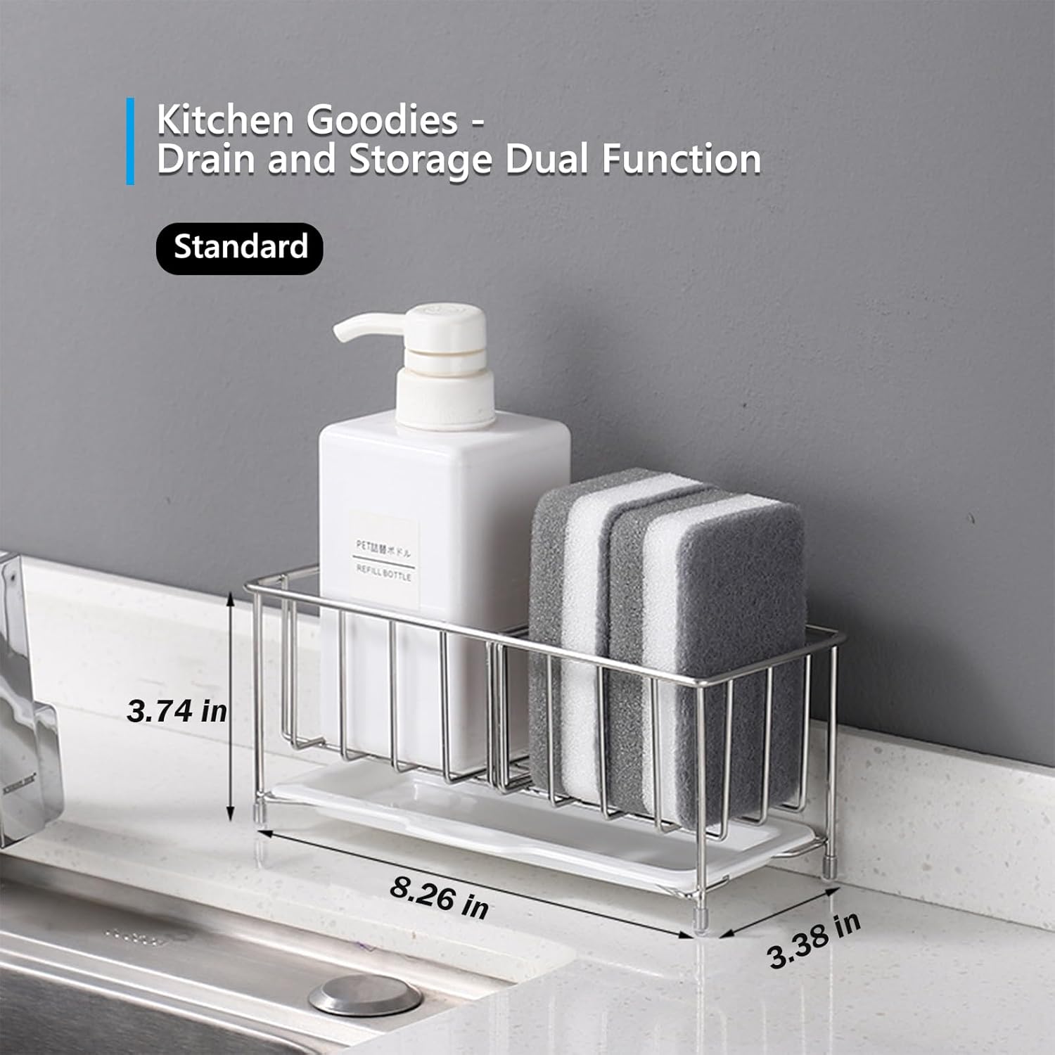 Kavciva Sink Caddy Sponge Holder,304 Stainless Steel Dish Brush Holder,Kitchen Countertop Sink Rack,Dish Soap Holder,Dishwashing Tool Drying Tray with Adjustable Partitions,Essential Kitchen Shelves