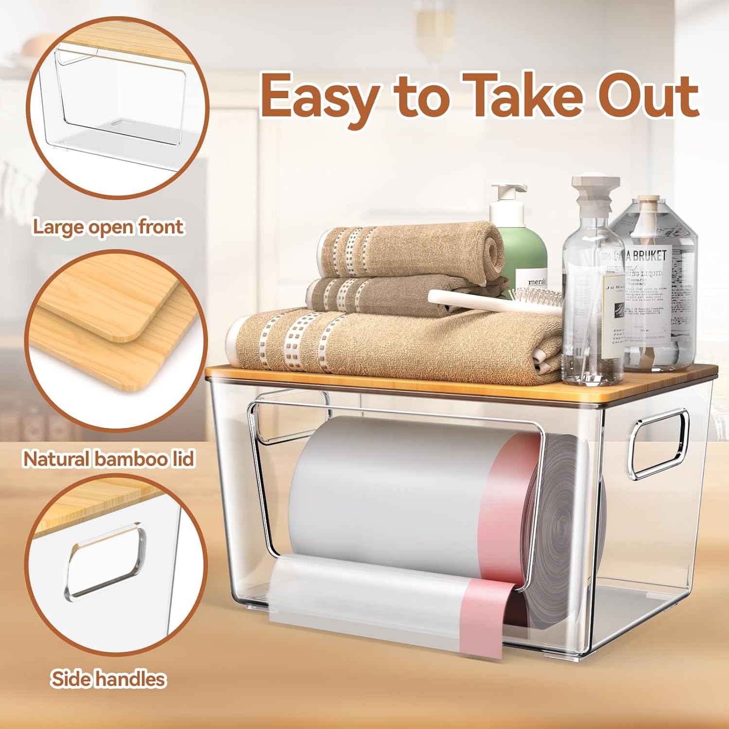 Trash Bag Holder with Bamboo Lid, Stackable Trash Bag Dispenser, Extra Large Storage for Kitchen Laundry Room Under Sink (1Pack)