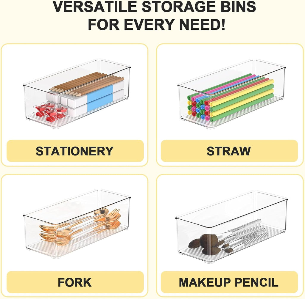 Set of 4 Clear Plastic Storage Bins, 2 Large +2 Small Pantry Organizers and Storage Containers for Kitchen Organization, Home Storage Essentials for Cabinet, Office, Garage, Freezer& Bathroom
