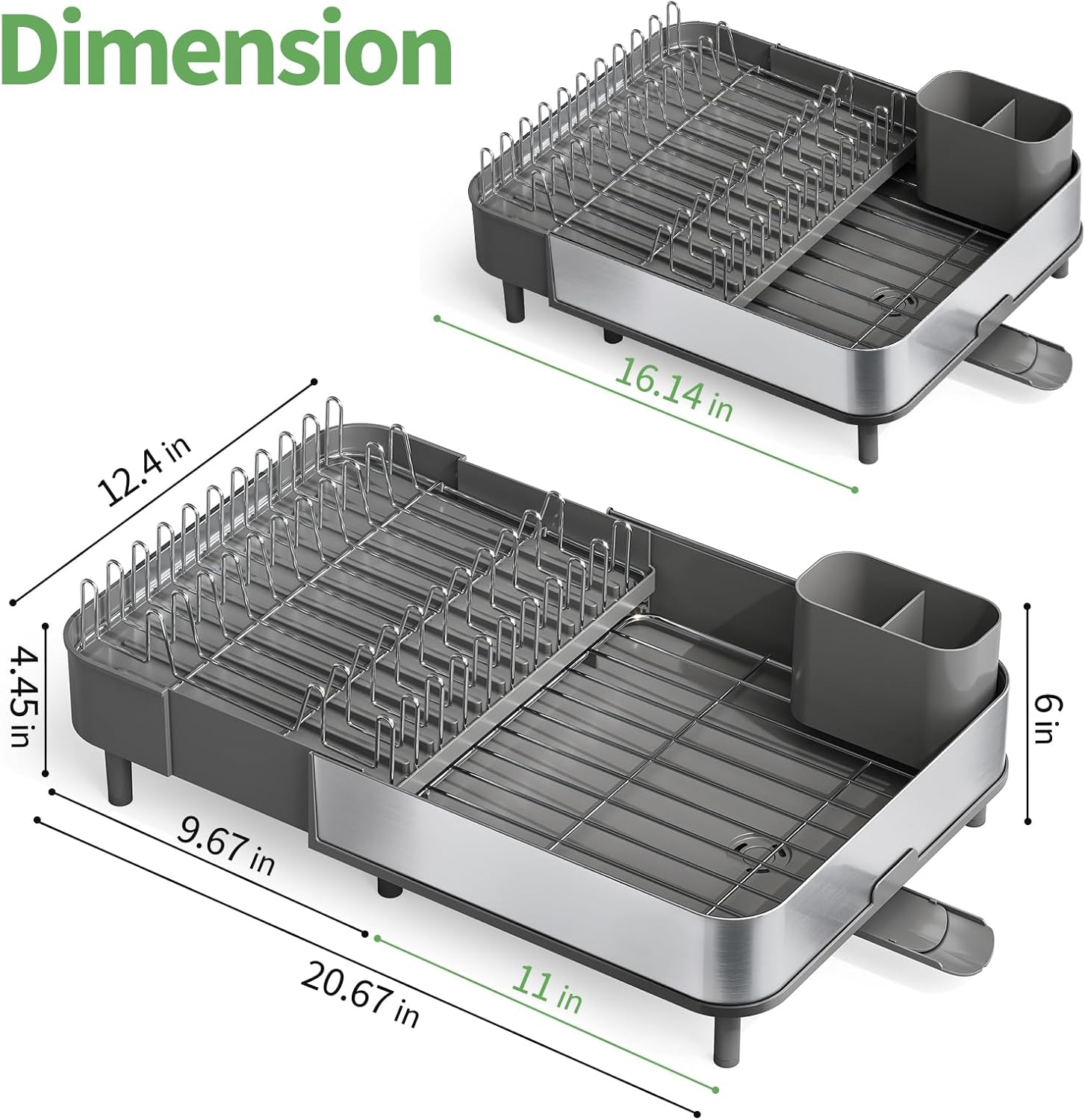 Dish Drying Rack for Kitchen Counter, 304 Stainless Steel Dish Rack, Expandable Dish Drainer, Foldable Dish Strainer, Extendable Dish Drainer Rack with Cutlery Holder, Kitchen Plate Rack