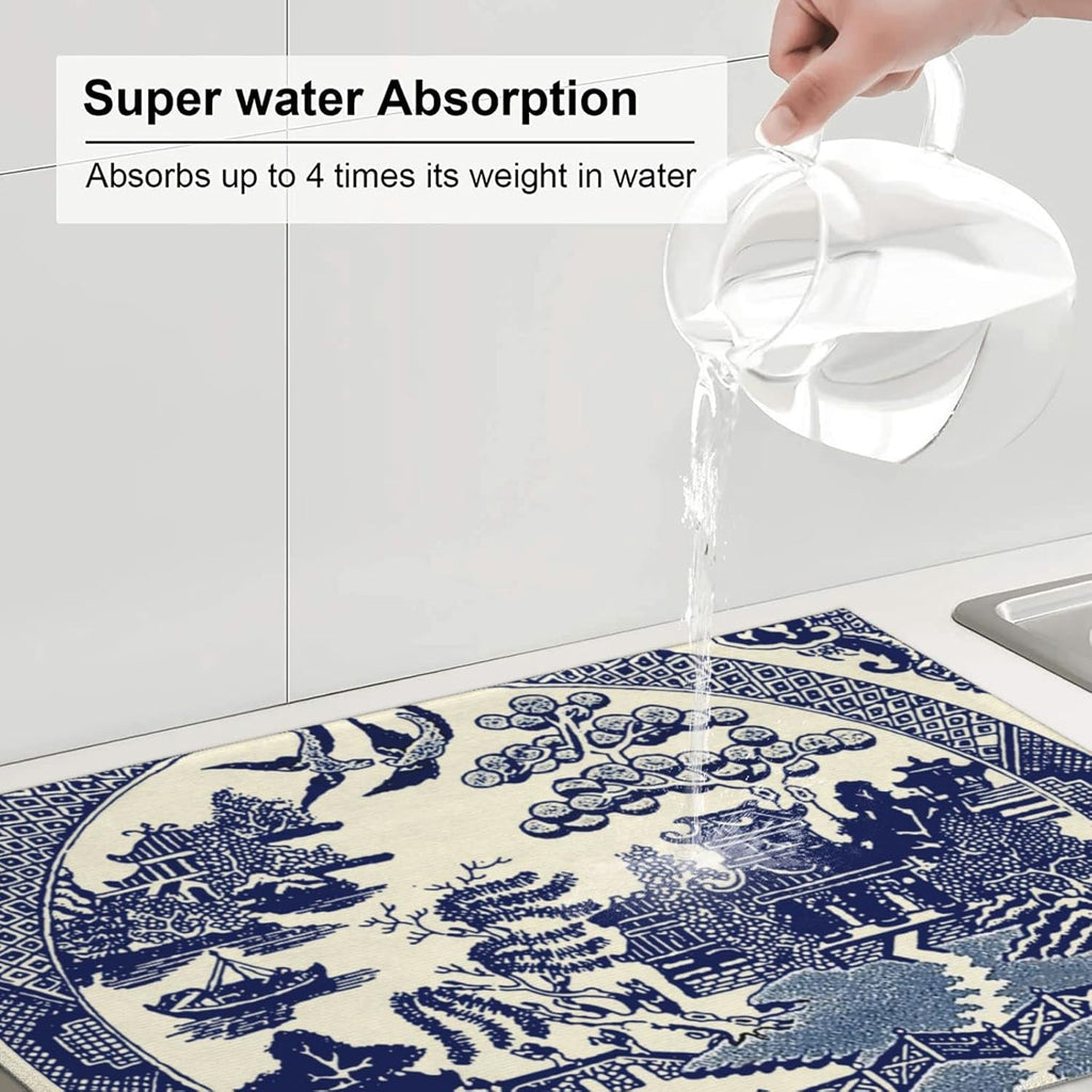 Dish Drying Mat For Kitchen Counter Absorbent Dish Mat Reversible Drainer Drying Kitchen Mat (Oriental Style Chinese Blue Willow, 24X18)