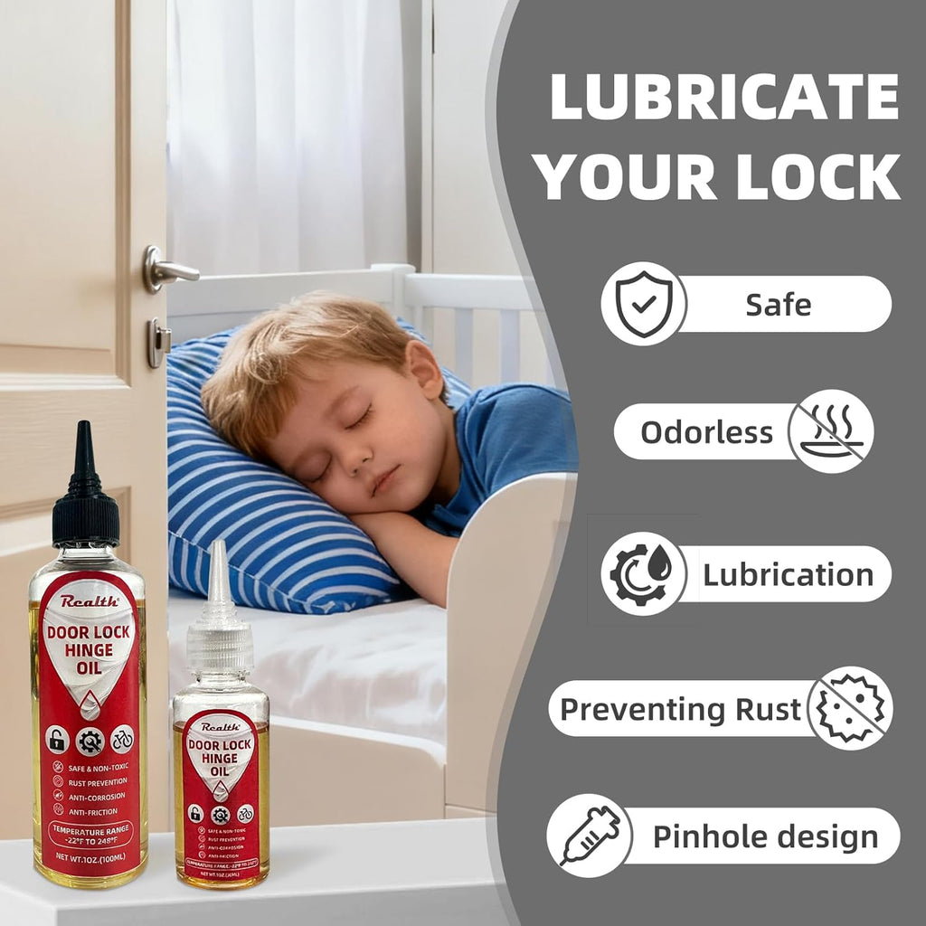 Realth Squeaky Door Hinges Lubricant -Garage Door Lube for Metal Parts, Locks, Chains, Keyholes - Long-Lasting, Non-Toxic, Rust-Resistant Liquid Oil with Precision Oiler Needle (100ml*2Pack)