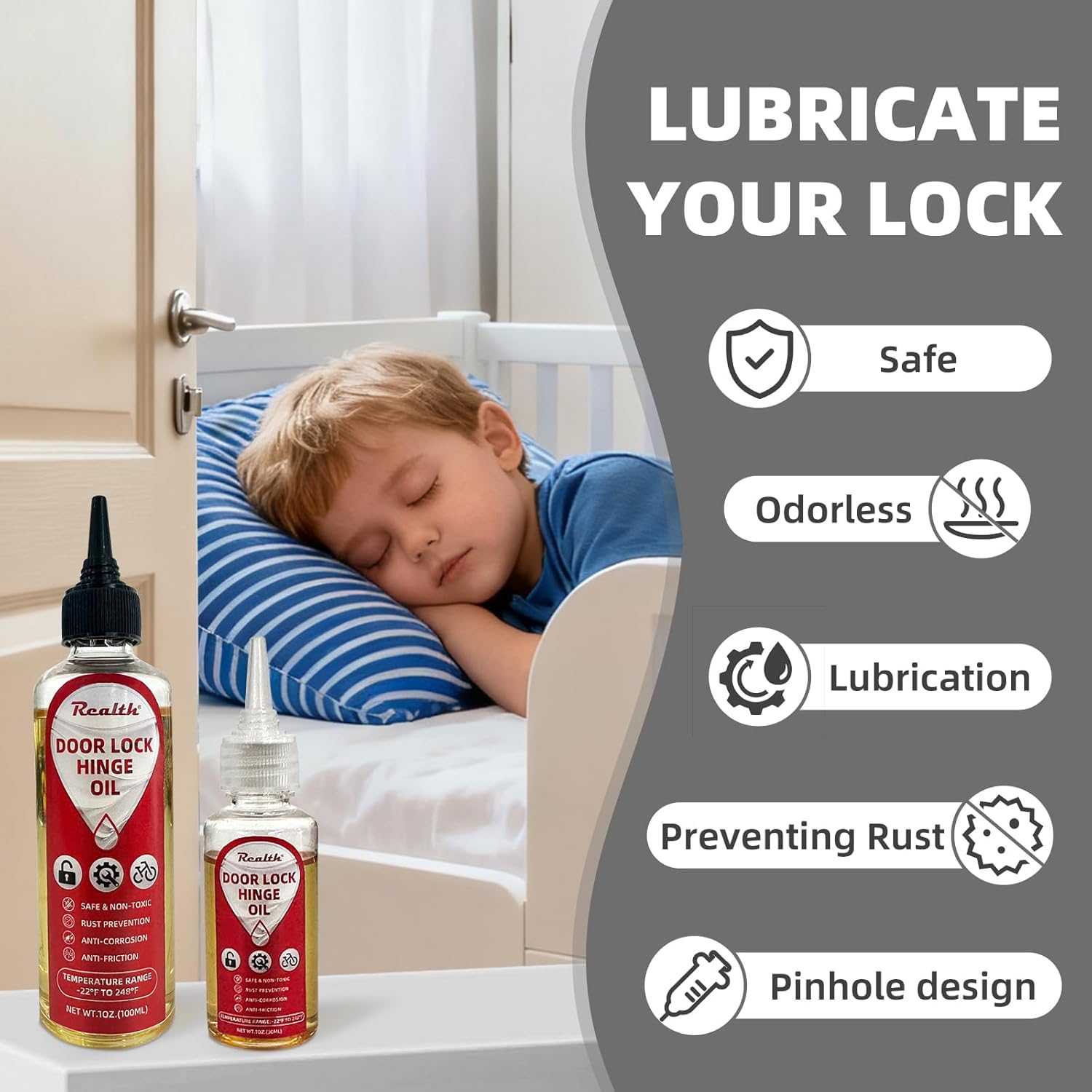 Realth Squeaky Door Hinges Lubricant -Garage Door Lube for Metal Parts, Locks, Chains, Keyholes - Long-Lasting, Non-Toxic, Rust-Resistant Liquid Oil with Precision Oiler Needle (100ml*2Pack)