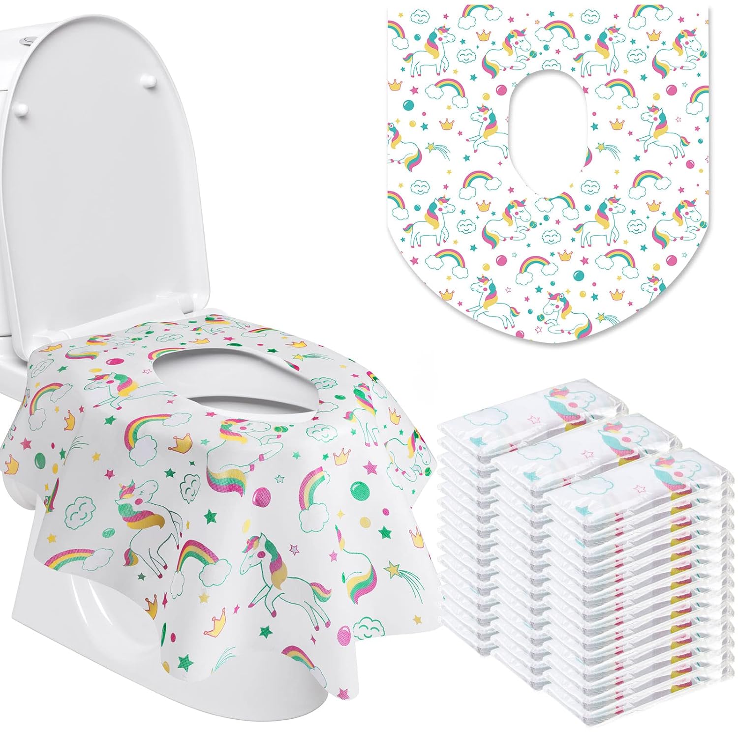 50 Packs Disposable Toilet Seat Covers Extra Large Individually Wrapped for Kids and Adults, Portable Non Slip Waterproof Potty Seat Covers for Toddlers Potty Training, Travel (Unicorn)