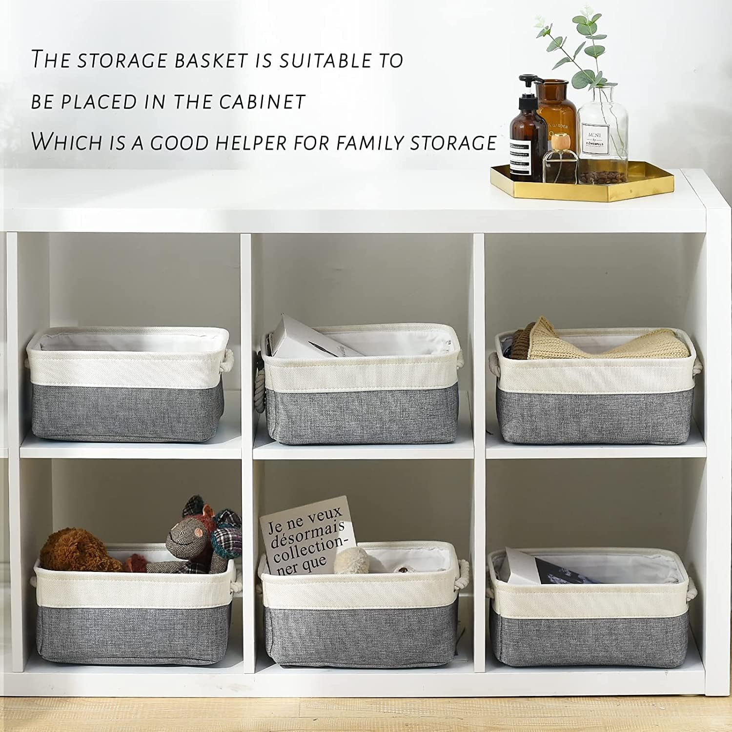 Fabric Storage Bins 12x8x5 inch [6-Pack] with Rope Handles - Decorative Baskets for Organizing