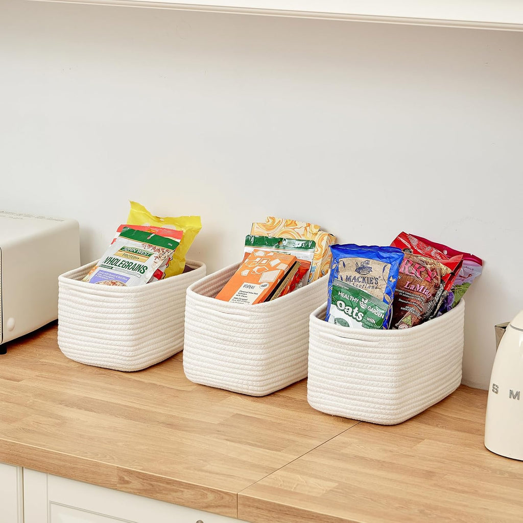 Small Cotton Rope Basket – Storage Bin for Organizing (10.6" x 6.7" x 6.7"), Bathroom Storage Basket for Shelf, Counter & Closet（White）