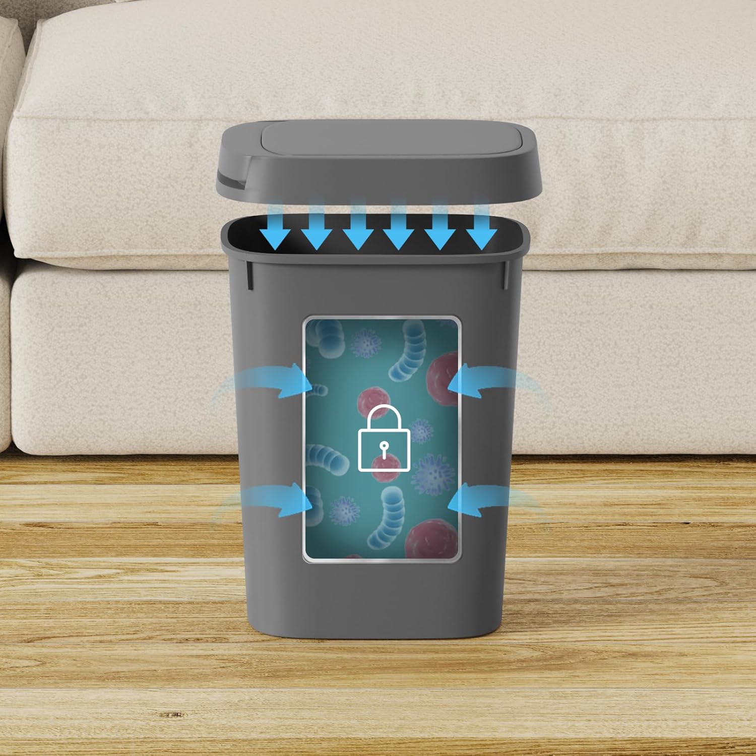 3 Pack Bathroom Small Trash Can with Lid, 2.6 Gallon Slim Garbage Bin with Pop-Up Lid, 10L Plastic Wastebasket for Bedroom, Office, Kitchen, Toilet (Gray)