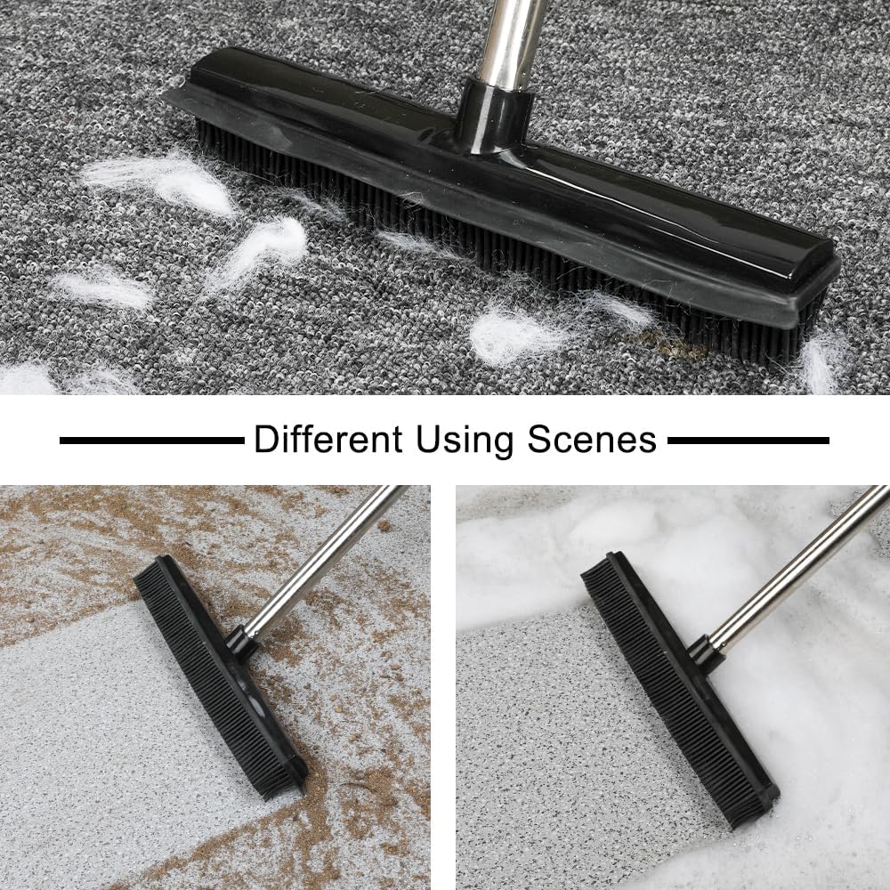 Rubber Broom and Pet Hair Removal Brush Set for Carpet,Fur Remover Rake with Squeegee,Lint Brush for Pet Dog Cat Hair