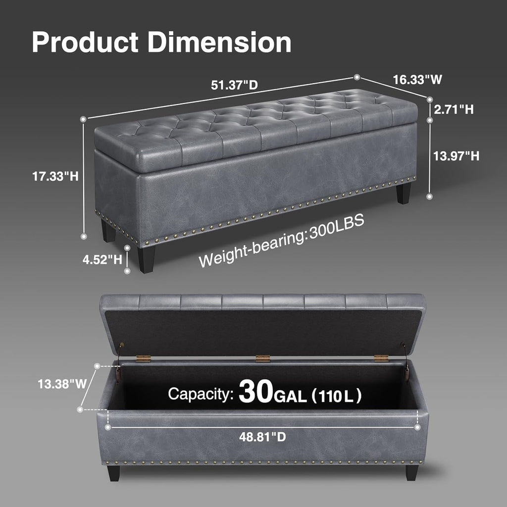 Storage Ottoman Bench, 51-Inch Large Storage Ottoman for Bedroom End of Bed, 30 Gallons Faux Leather Bench for Bedroom, Living Room, Entryway, Hallway, Grey