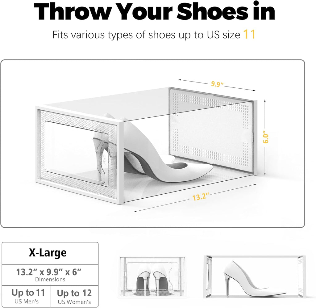 SEE SPRING X-Large Shoe Storage Box Fit Size 11, Clear Plastic Stackable Shoe Organizer for Closet, Space Saving Foldable Shoe Rack Sneaker Container Bin Holder, 12 Pack Clear
