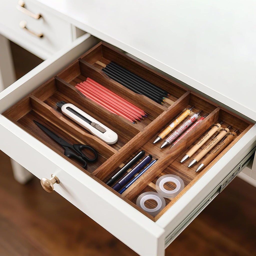 Acacia Wood Silverware Drawer Organizer, 12 Inch Adjustable Cutlery Tray for Kitchen Utensils, Silverware Flatware Storage Box with 5 Detachable Dividers (6-Compartment)