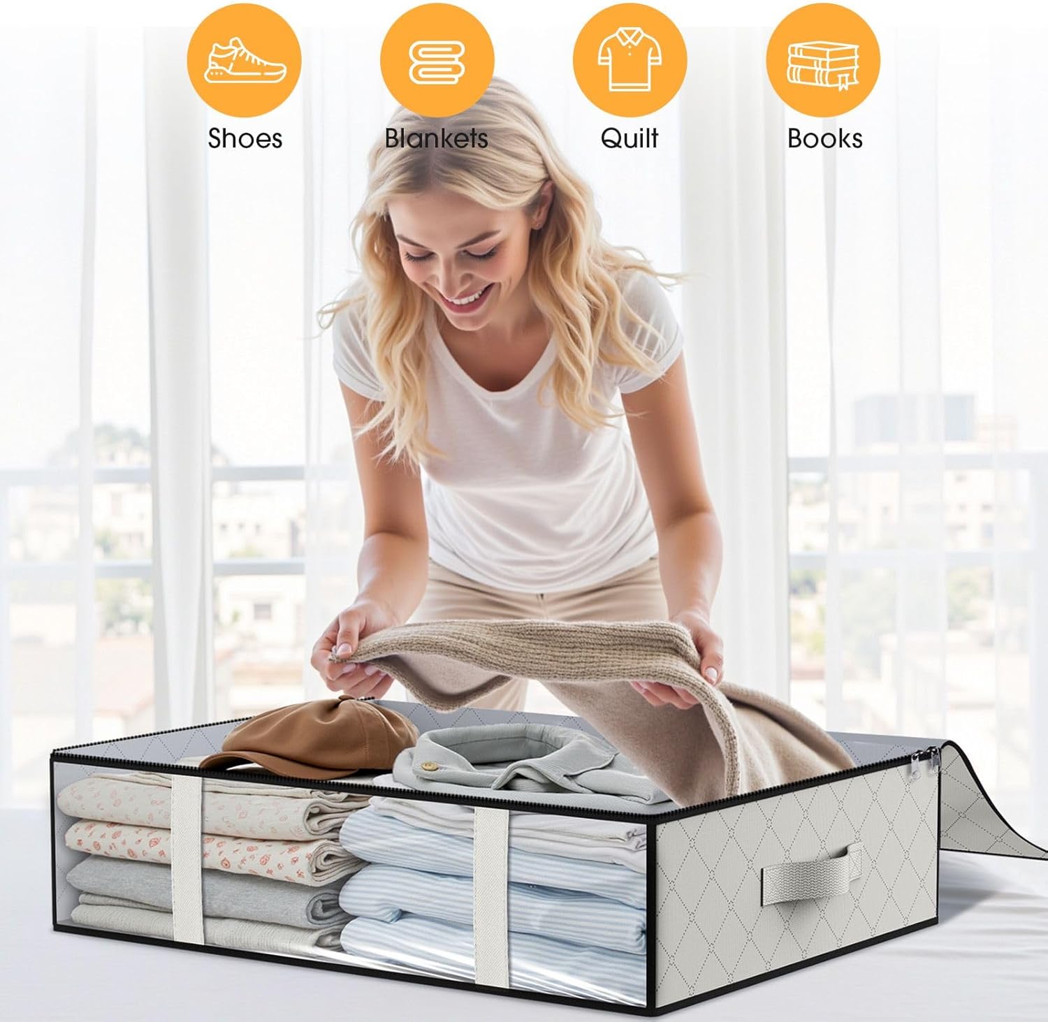 StorageRight Under Bed Storage Bins, 2-Pack 40L Foldable Fabric Storage Bags with Transparent Window, Breathable Organizer for Clothes/Blanket/Comforter/Quilt, White