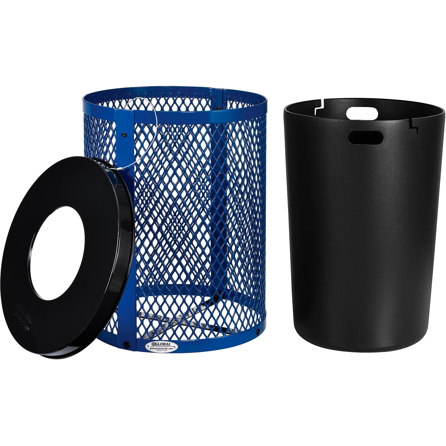 Global Industrial Outdoor Diamond Steel Trash Can with Flat Lid and Plastic Liner, 36 Gallon Capacity, Blue, Thermoplastic Coating, 23-1/2" Diameter, 30" H