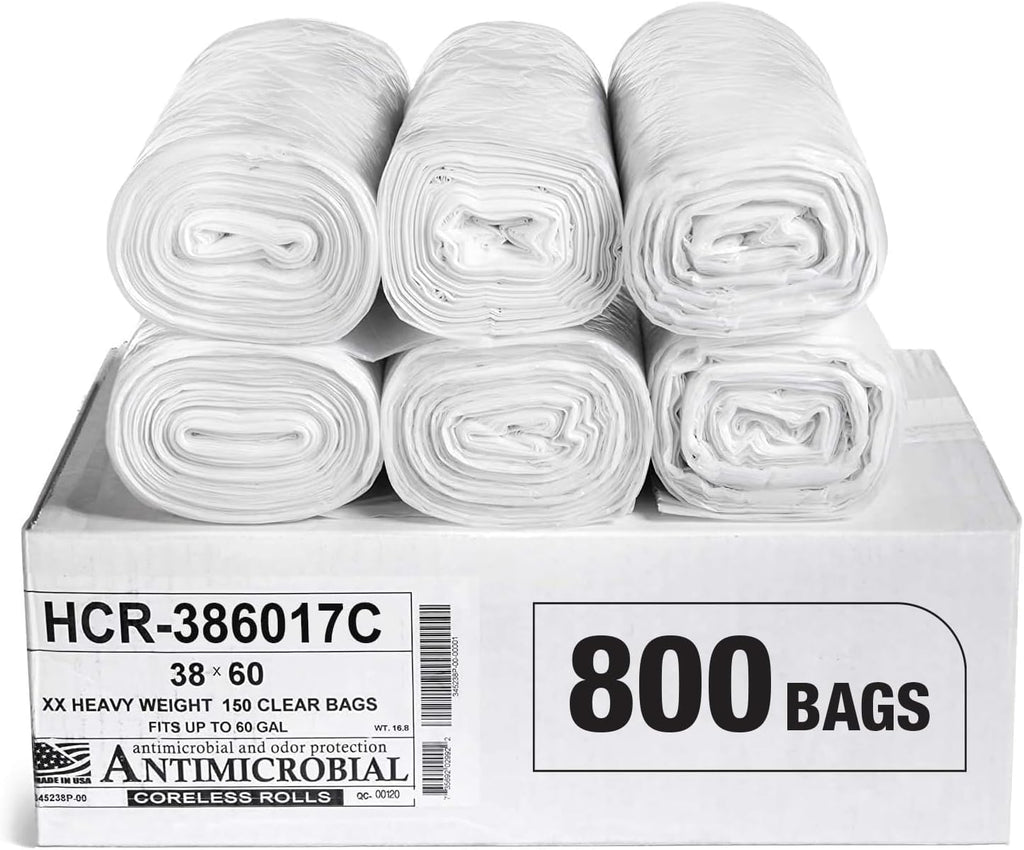 Aluf Plastics High Density Trash Bags, 60 Gallon, 800 Count, 17 Micron (eq), 38" x 60", Clear, for Bathroom, Office, Industrial, Commercial, Janitorial, Municipal, Recycling