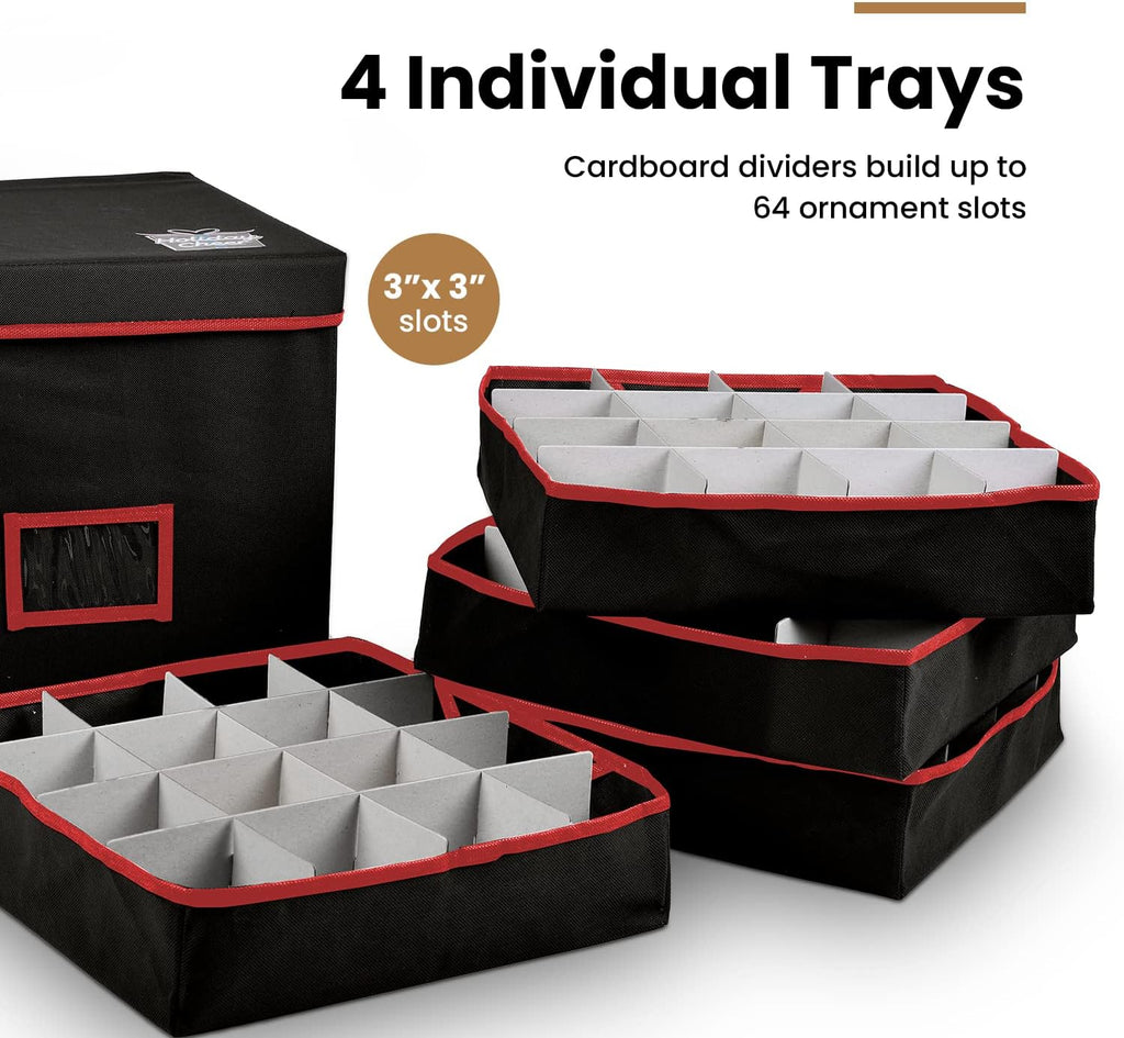 Holiday Cheer Premium Christmas Ornament Storage with 4 Tray – Christmas Storage Container with Dividers Perfect for Holiday Decorations– Fits 64 Holiday Ornaments – Tear-Proof Fabric