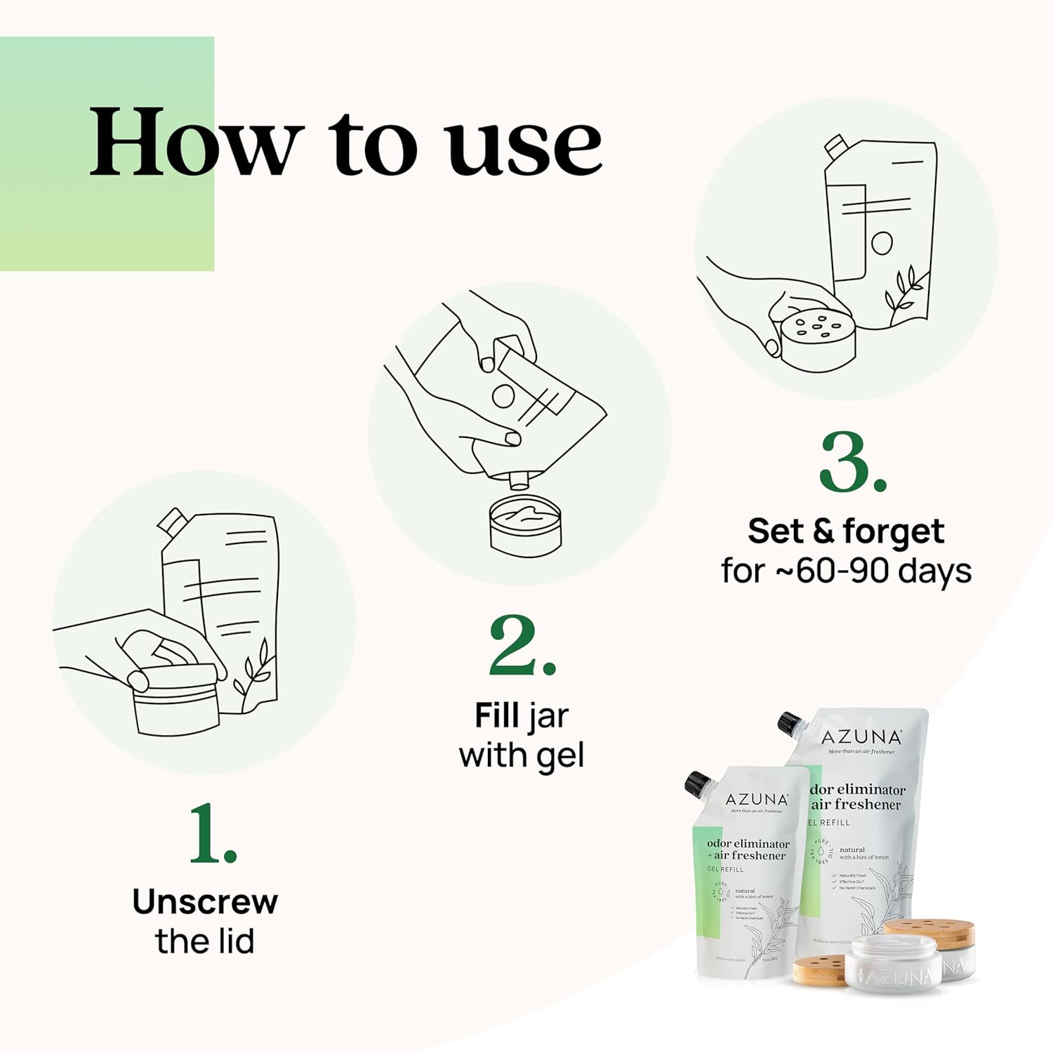 Azuna Air Freshener & Odor Eliminator for Strong Odor | 4 Room Kit Includes (4) 8 oz. Empty Luxe Glass Jars & 24oz Gel | Refill with Tea Tree Essential Oil | Natural Scent | Last 60-90 Days