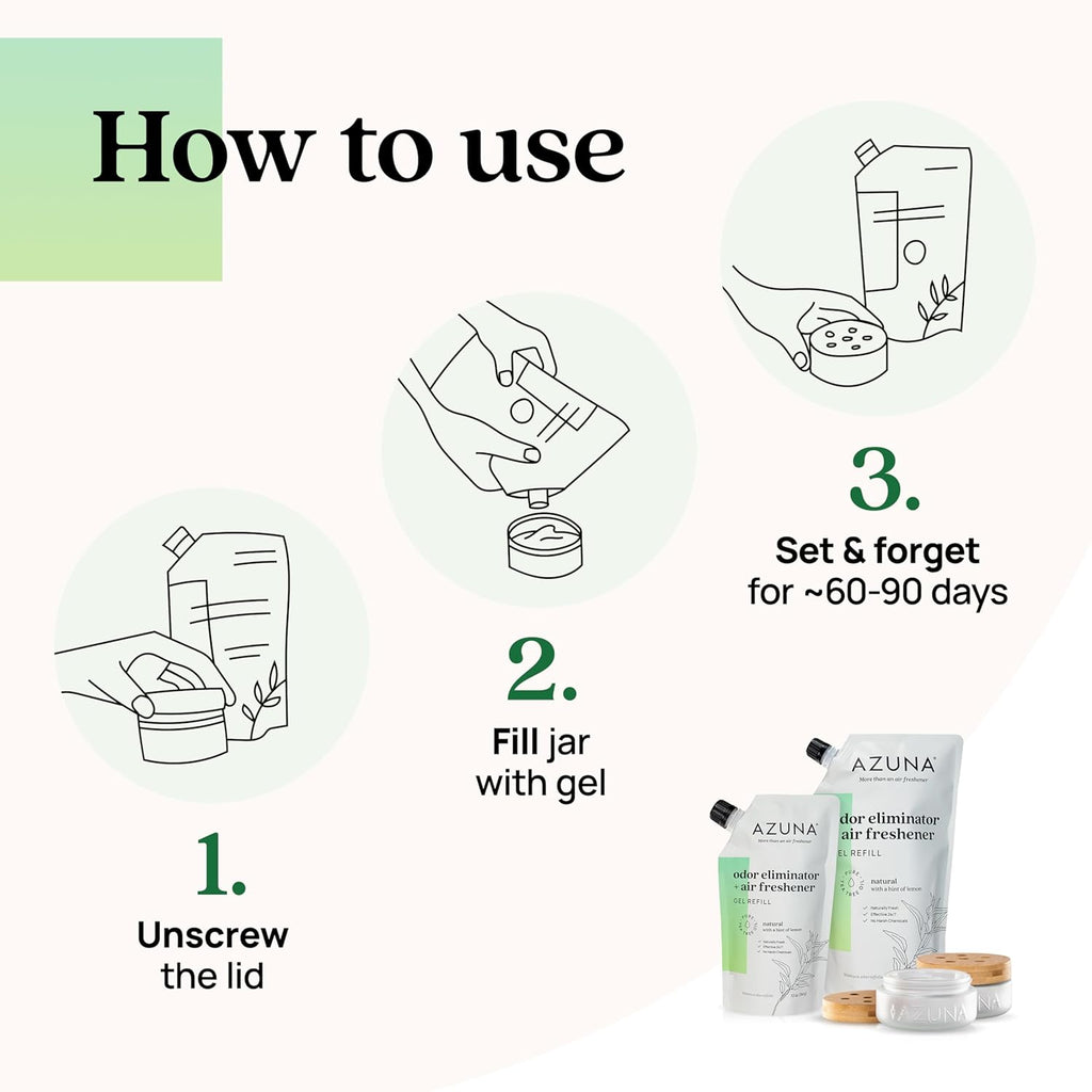 Azuna Air Freshener & Odor Eliminator for Strong Odor | 2 Room Kit Includes (2) 8 oz. Empty Luxe Glass Jars & 12 oz | Refill with Tea Tree Essential Oil Gel | Natural Scent | Last 60-90 Days
