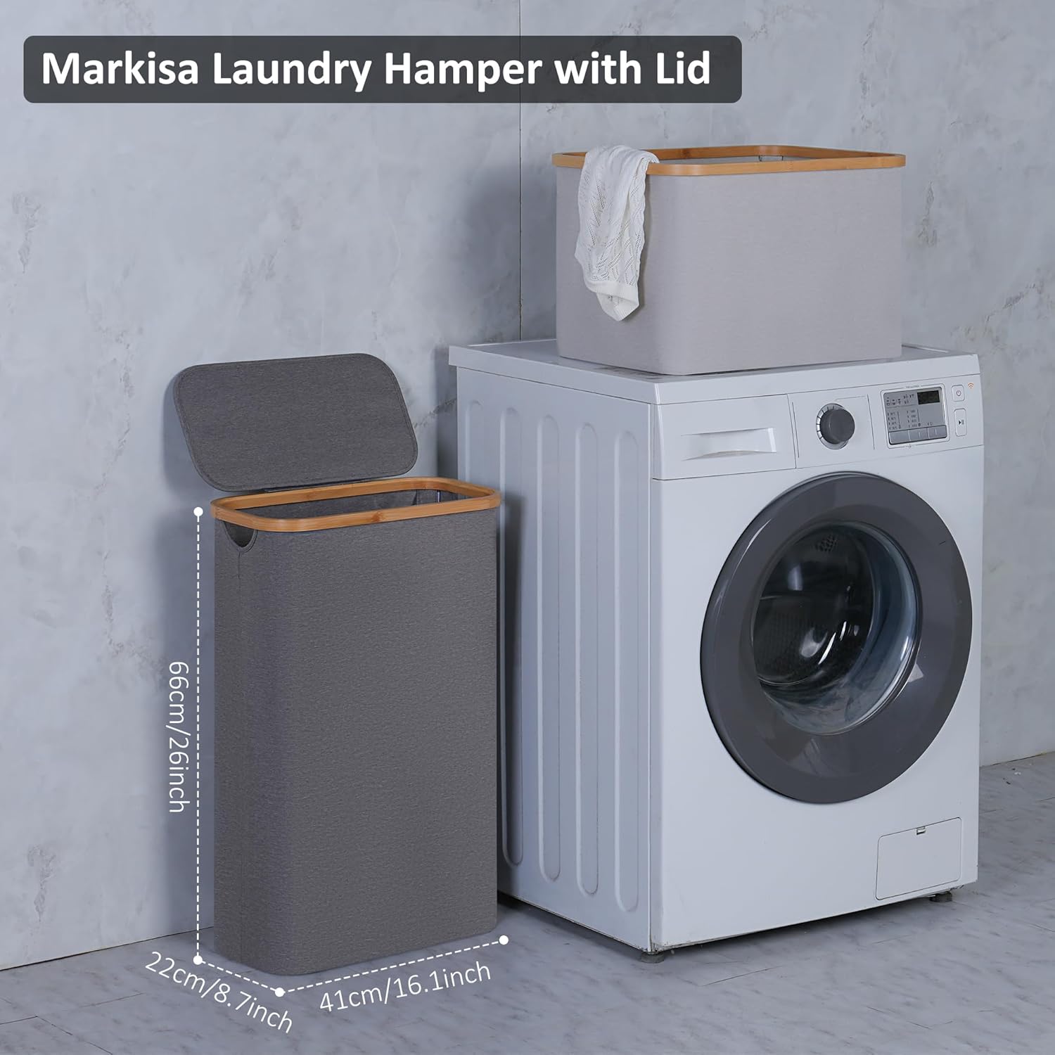Slim Laundry Basket,60L Laundry Hamper with Lid, Tall Hamper for Laundry,Dirty Cloth Hamper with Bamboo Handle for Toys,Towels, Clothes Organizing,Grey