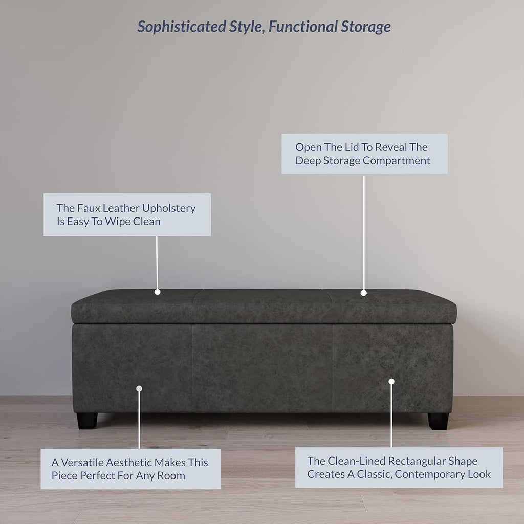 BELLEZE Storage Faux Leather Ottoman, 47 Inch Bench Bedroom Bench with Safety Close Hinge, Extra Long Ottoman with Storage for Living Room, Entryway, Hallway, Foot Rest, Support 300lbs - Rustic Gray