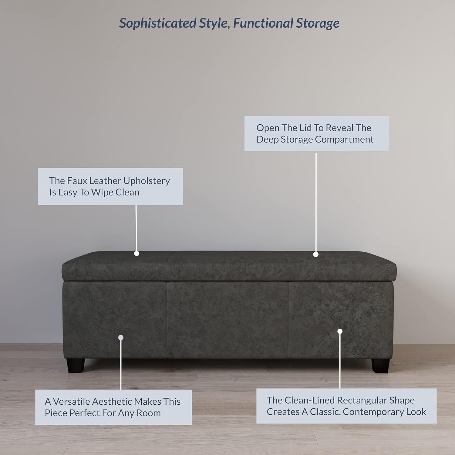 BELLEZE Storage Faux Leather Ottoman, 47 Inch Bench Bedroom Bench with Safety Close Hinge, Extra Long Ottoman with Storage for Living Room, Entryway, Hallway, Foot Rest, Support 300lbs - Rustic Gray