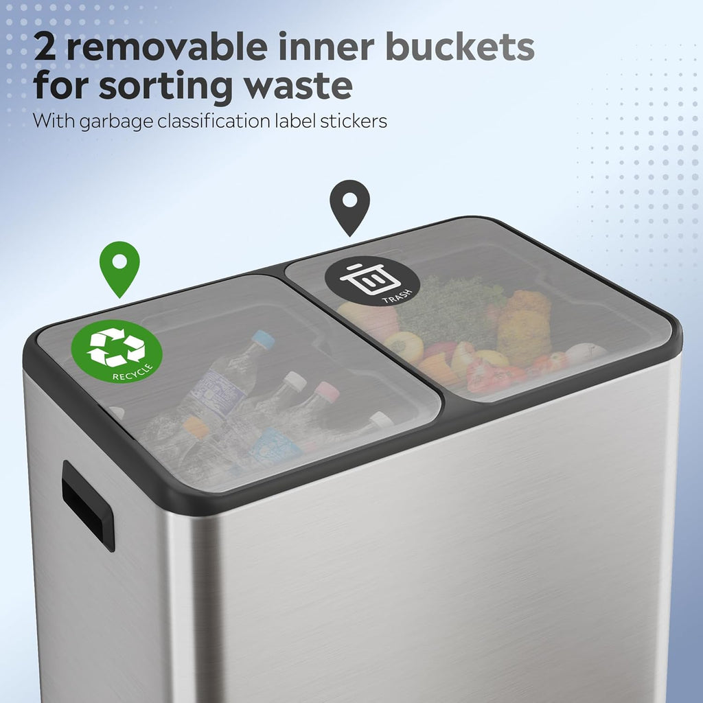 WLIVE 2 x 8 Gallon / 2 x 30 Liter Dual Trash Can, Stainless Steel Double Compartment Classified Kitchen Trash Can, with Plastic Inner Buckets, Handles, Soft-Close Lid, Deodorizing Filter Box, Silver.