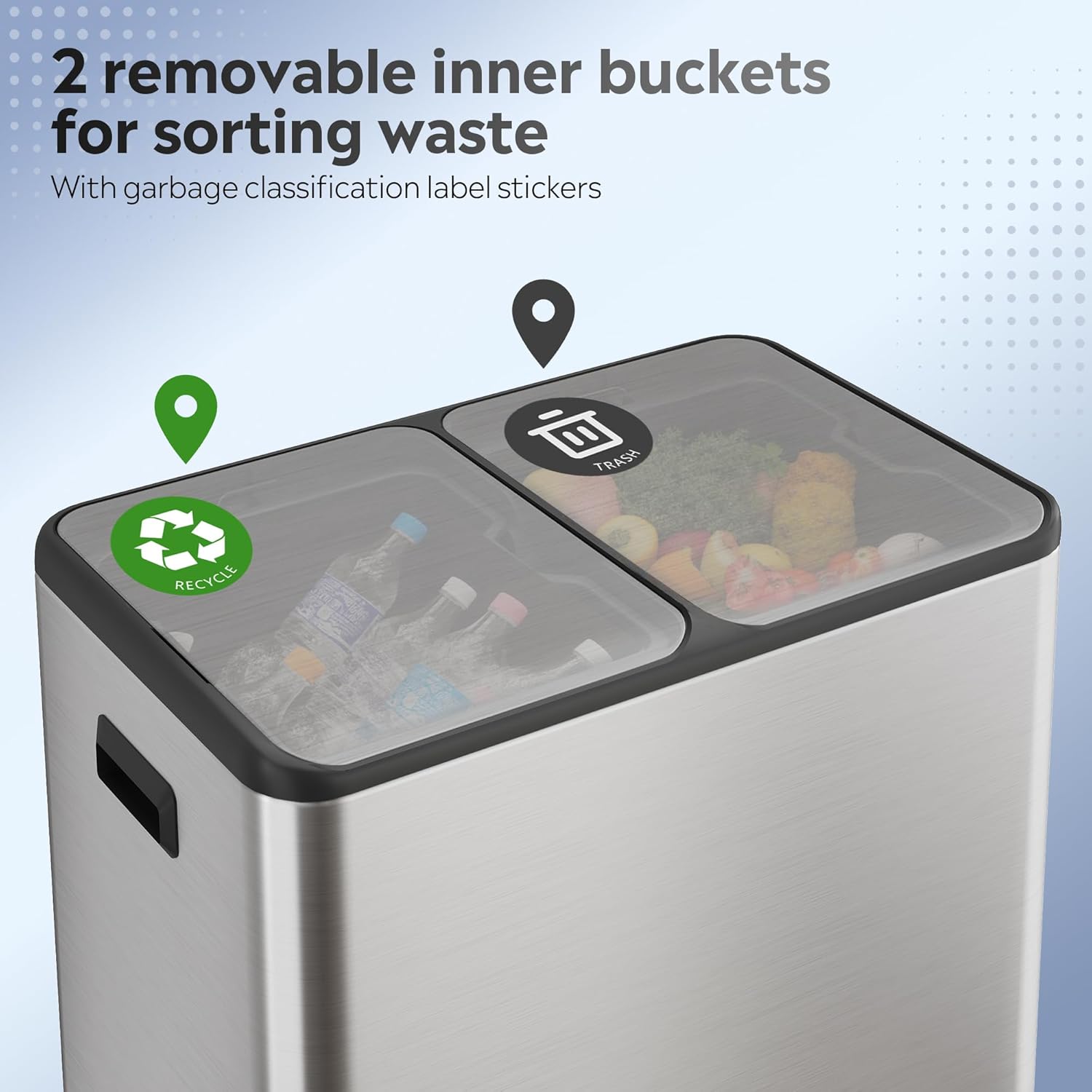WLIVE 2 x 8 Gallon / 2 x 30 Liter Dual Trash Can, Stainless Steel Double Compartment Classified Kitchen Trash Can, with Plastic Inner Buckets, Handles, Soft-Close Lid, Deodorizing Filter Box, Silver.