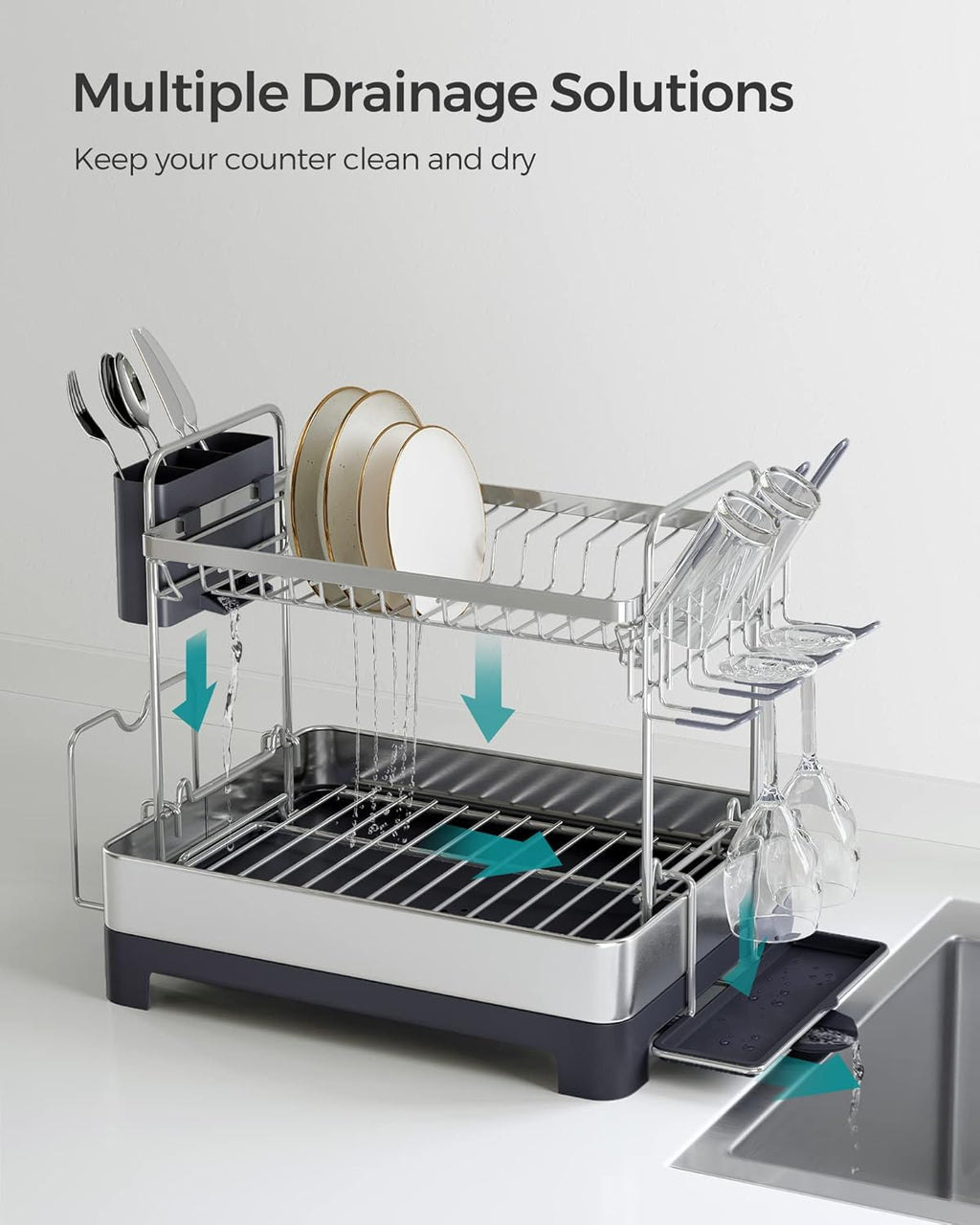 SONGMICS Dish Drying Rack - 2 Tier Dish Rack for Kitchen Counter with Rotatable and Extendable Drain Spout, Dish Drainer with Utensil, Cup, Glass, Cutting Board Holders, Silver and Gray UKCS032E01