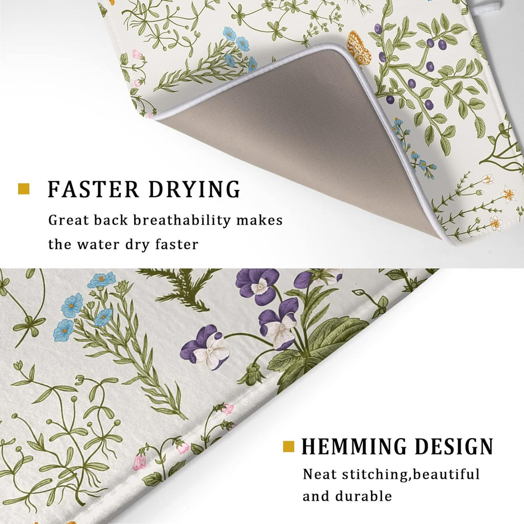 Wild Flowers Plant Dish Drying Mats for Kitchen Counter 16x18 Inch,Sage Herbs Kitchen Drying Mat,Botanical Plant Dishes Pad Dish Drainer Rack Mats Absorbent Fast Dry Kitchen Accessories