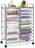GOFLAME 15-Drawer Rolling Storage Cart, Multipurpose Movable Organizer, Utility Cart for Home, Office, School, Clear