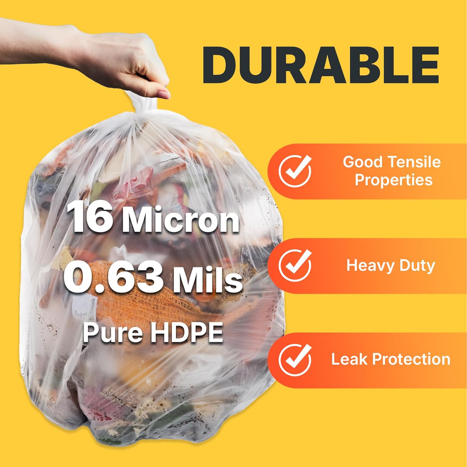 33 Gallon Trash Bags, 16 Micron High Density Pure HDPE Garbage Can Liners Bulk, 33" x 40", Natural Clear, 250 Count