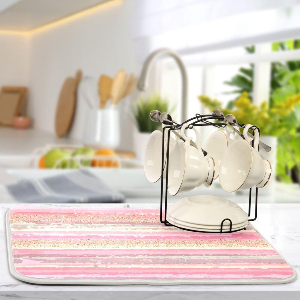 Pink Gold Stripe Dish Drying Mat for Kitchen Countertop 16x18 Rectangle Small Drying Mat Reusable Quick Dry Dish Sink Absorbent Mats Dishwasher Easy Clean Decorative Home Decor Essentials