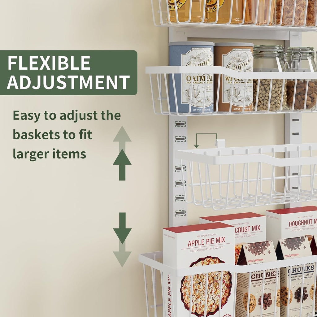 Over The Door Organizer，8-Tier Over The Door Pantry Organizer with Adjustable Baskets，Metal Hanging Pantry Organizers and Storage for Kitchen, Back of Door Seasoning Rack (White)