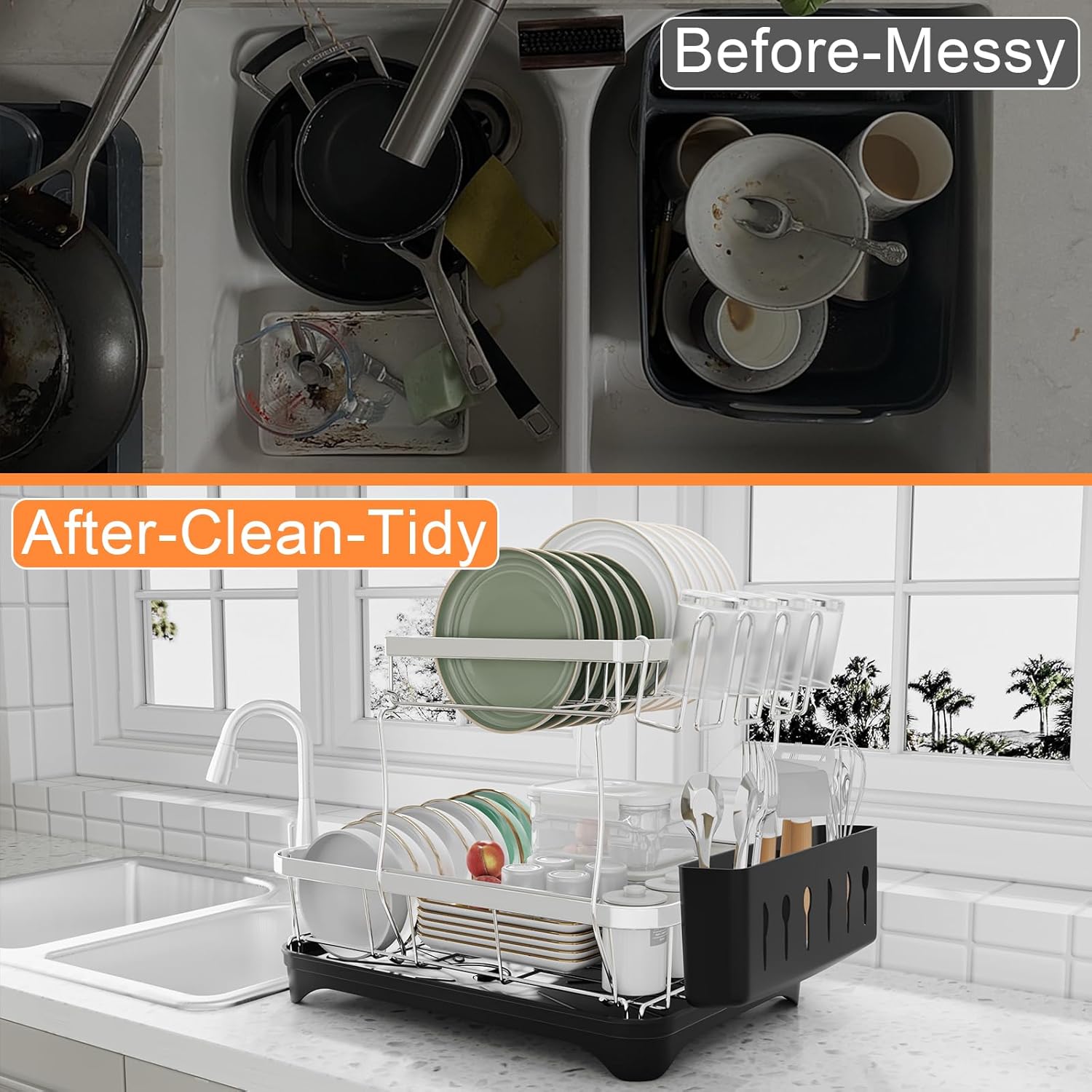 Dish Drying Rack - 2-Tier 304 Stainless Steel Dish Rack for Kitchen Counter, Adjustable Spout Auto-Draining Dish Rack, Kitchen Organizers and Storage Rack with Drainboard and Cutlery Holder Black
