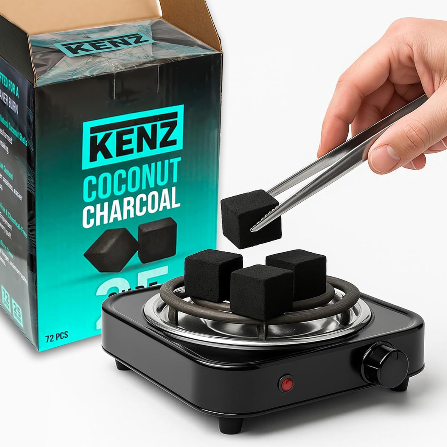 KENZ Charcoal Cubes, 25mm Low Ash Coconut Charcoal Briquettes, 100% Natural Coconut Shells, Completely Odor and Chemical Free, Enjoy a Longer Hotter Burn Time, 72 Cubes