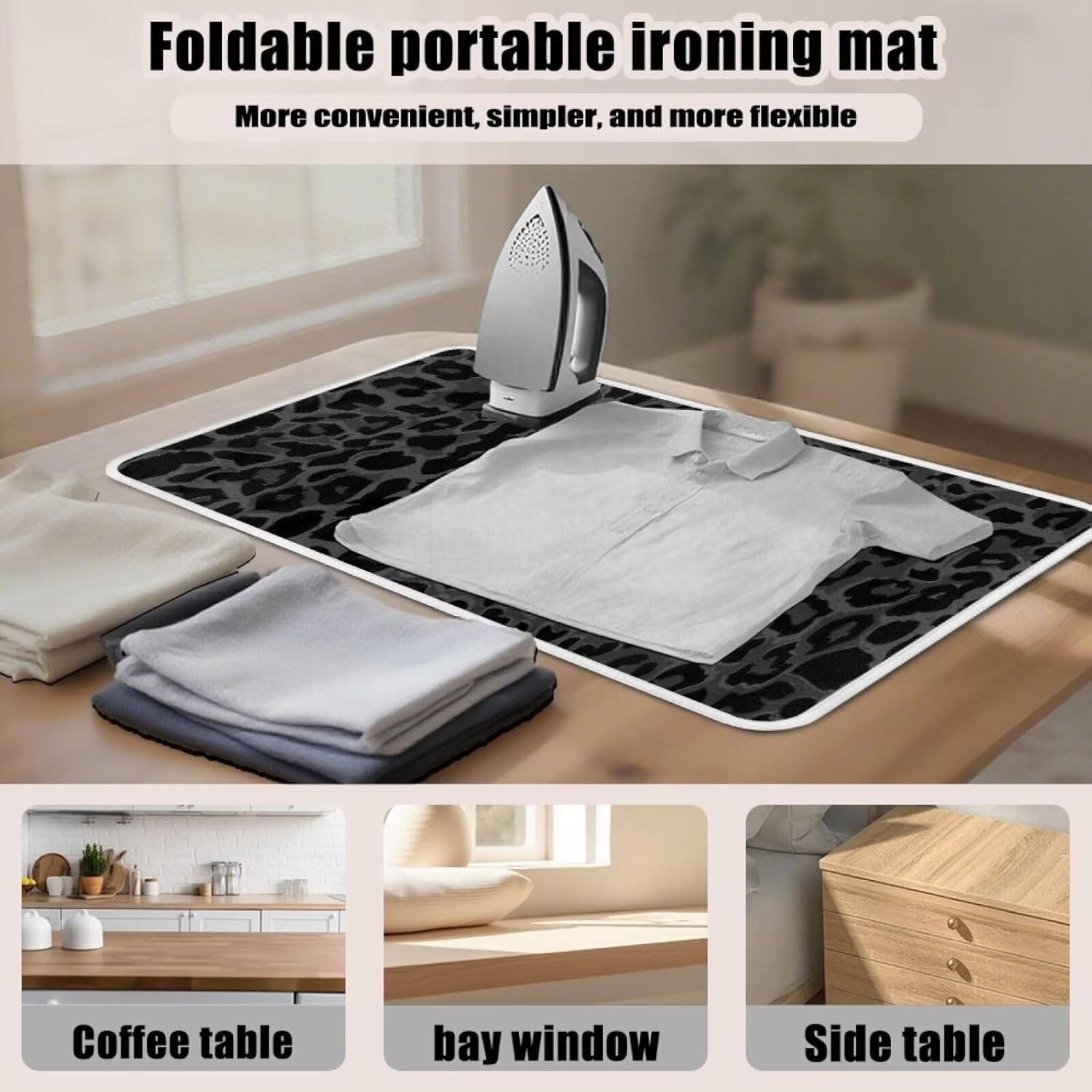Black Ironing Mat Portable Leopard Print Ironing Pad for Steam Pressing on Tabletop or Bed,Heat Resistant Portable Quilting & Travel Blanket Ironing Board Alternative Cover