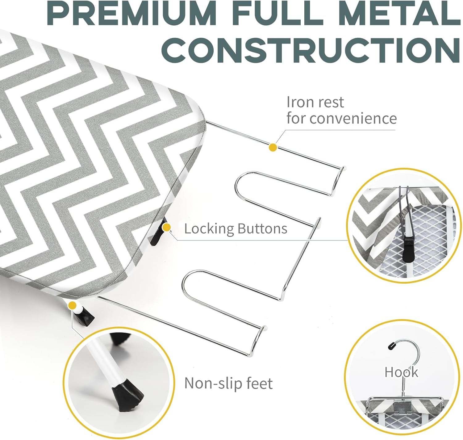 Folding Ironing Board for Small Space, RAINHOL Mini Collapsible Ironing Boards, with Hook, Iron Rest, Heat-Resistant 100% Cotton Cover and Pad, Gray and White Stripes, 31" x 12", Steel Mesh