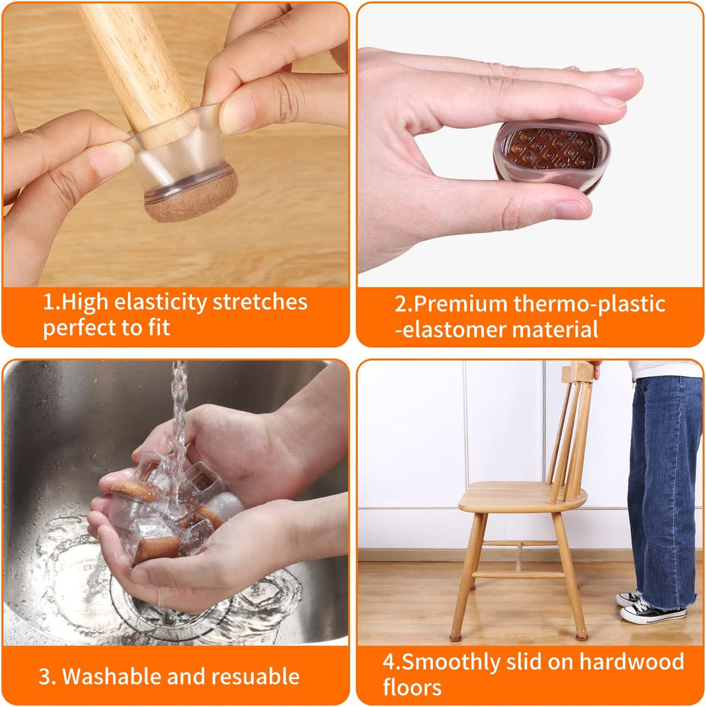Ezprotekt 24 Pcs Clear Silicone Chair Leg Floor Protectors with Felt, Floor Protectors for Chairs, Chair Leg Caps Covers, Chair Leg Socks Bar Stool Leg Floor Protectors (L Fit: 1.1"-1.3", Round)
