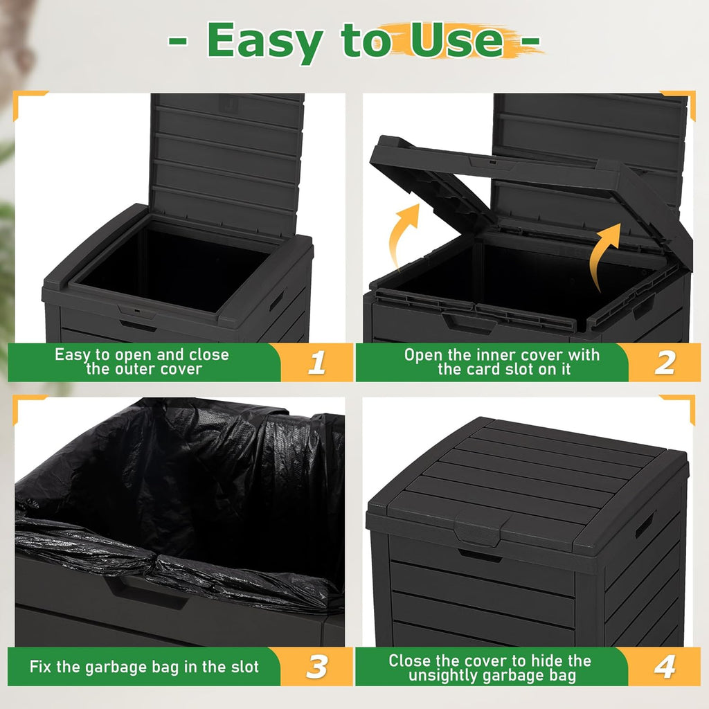 NUNU LAB 31 Gal Outdoor Trash Can with Lid - Heavy Duty Waterproof Resin, Removable Drip Tray, Fits 33-40 Gallon Bags - Large Garbage Bin for Patio, Backyard, Deck